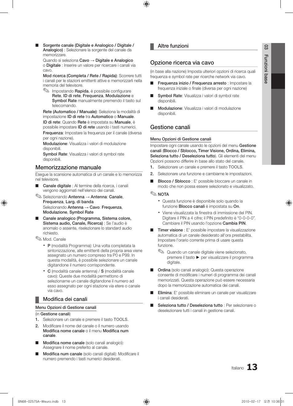 Opzione ricerca via cavo, Gestione canali | Samsung PS50C450B1W User Manual | Page 173 / 361