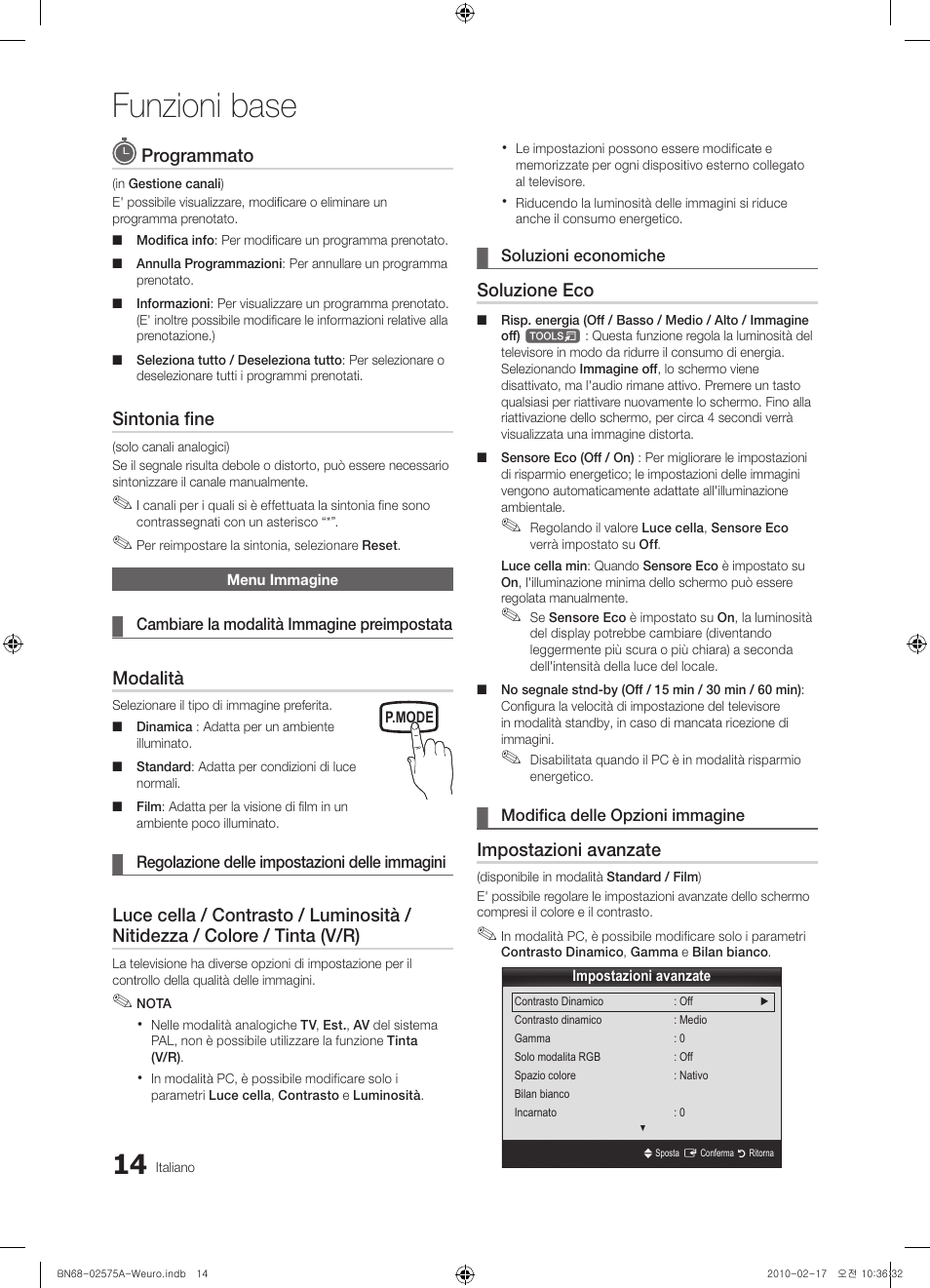 Funzioni base, Programmato, Sintonia fine | Modalità, Soluzione eco, Impostazioni avanzate | Samsung PS50C450B1W User Manual | Page 174 / 361