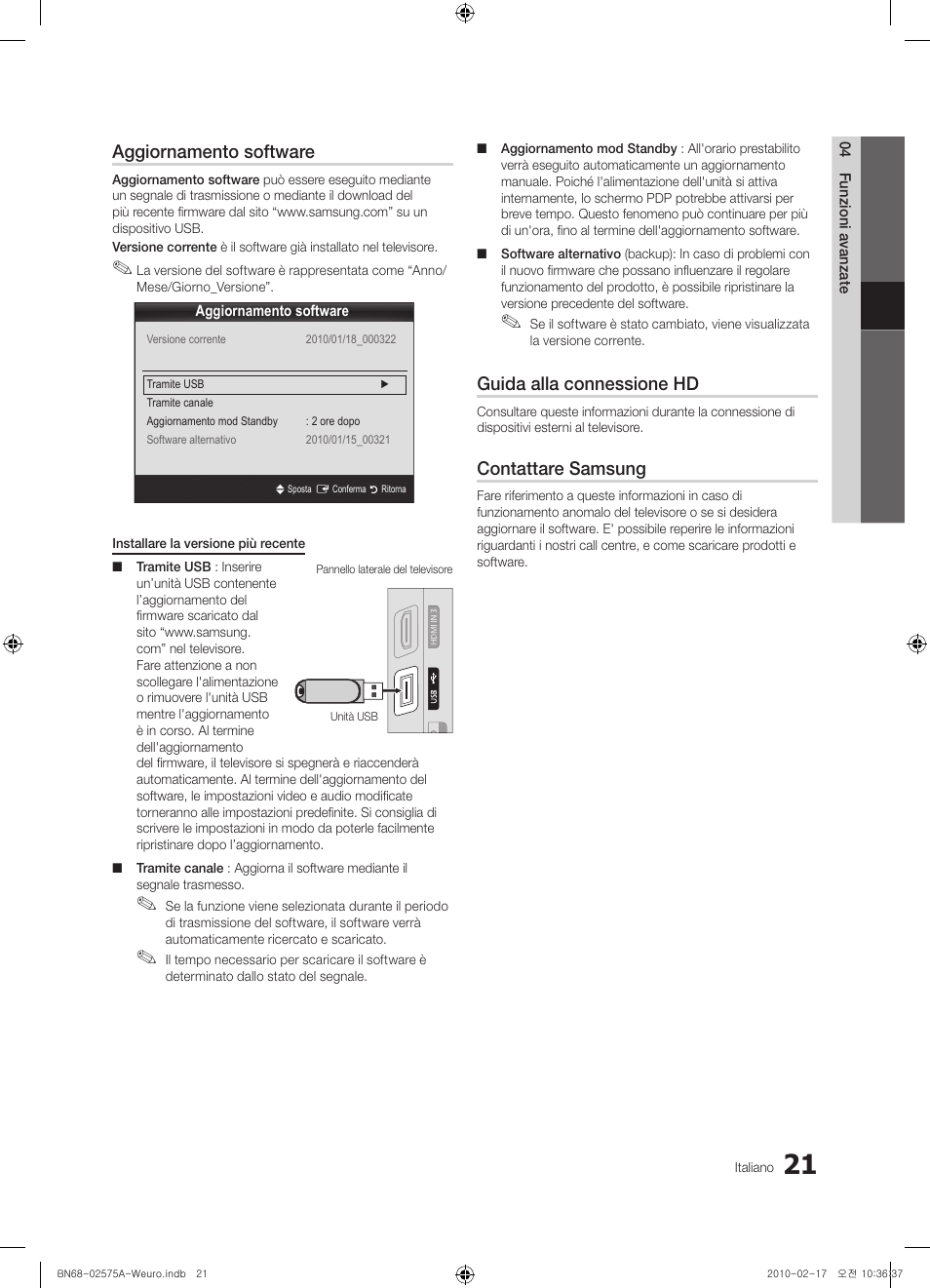 Aggiornamento software, Guida alla connessione hd, Contattare samsung | Samsung PS50C450B1W User Manual | Page 181 / 361