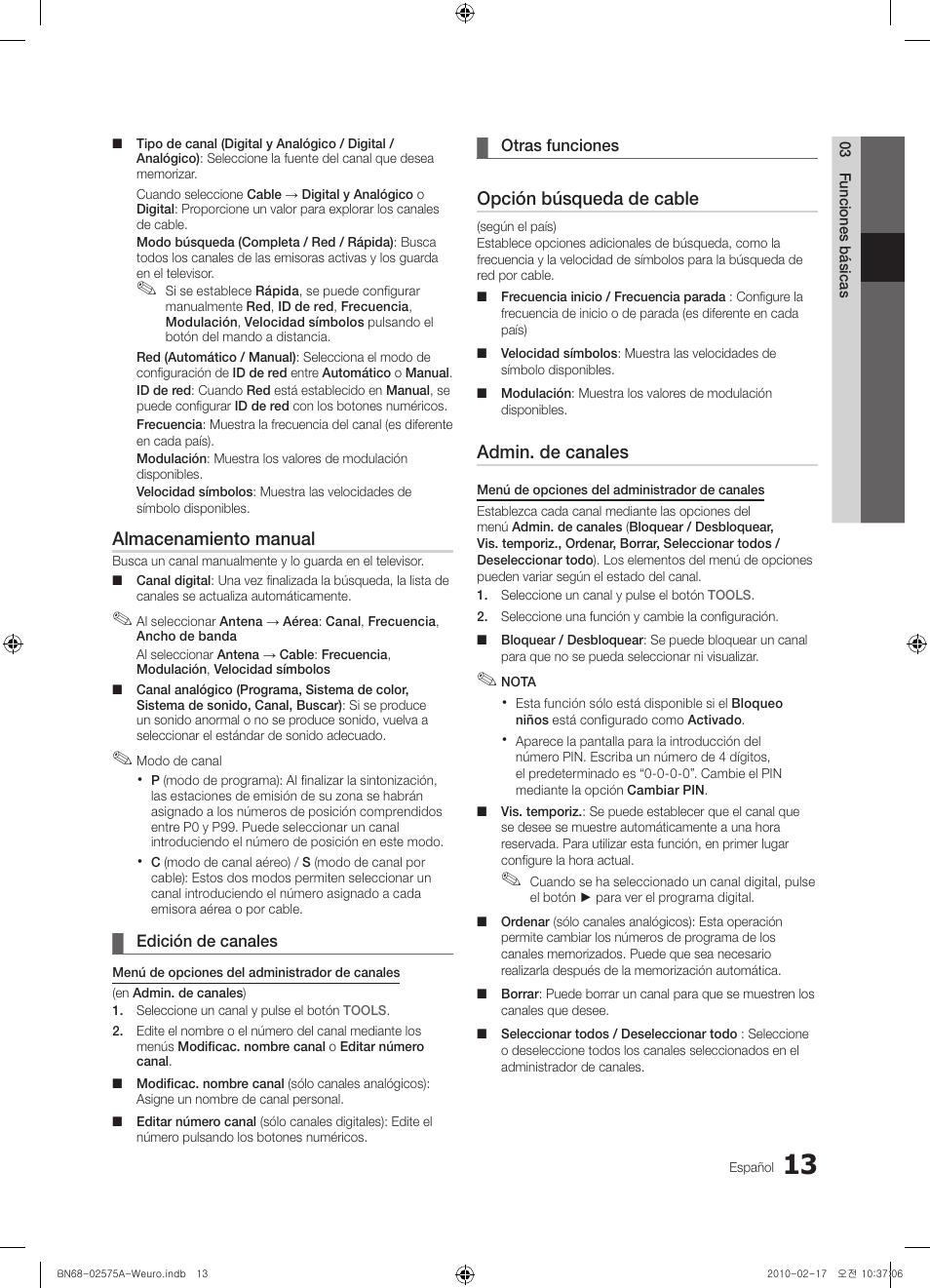 Almacenamiento manual, Opción búsqueda de cable, Admin. de canales | Samsung PS50C450B1W User Manual | Page 213 / 361