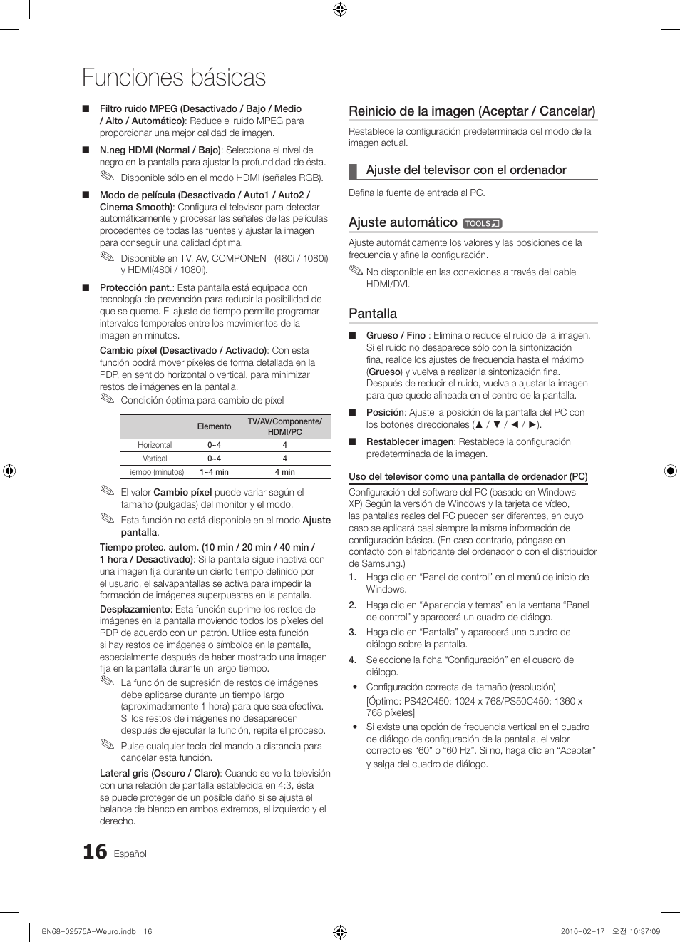 Funciones básicas, Reinicio de la imagen (aceptar / cancelar), Ajuste automático | Pantalla | Samsung PS50C450B1W User Manual | Page 216 / 361