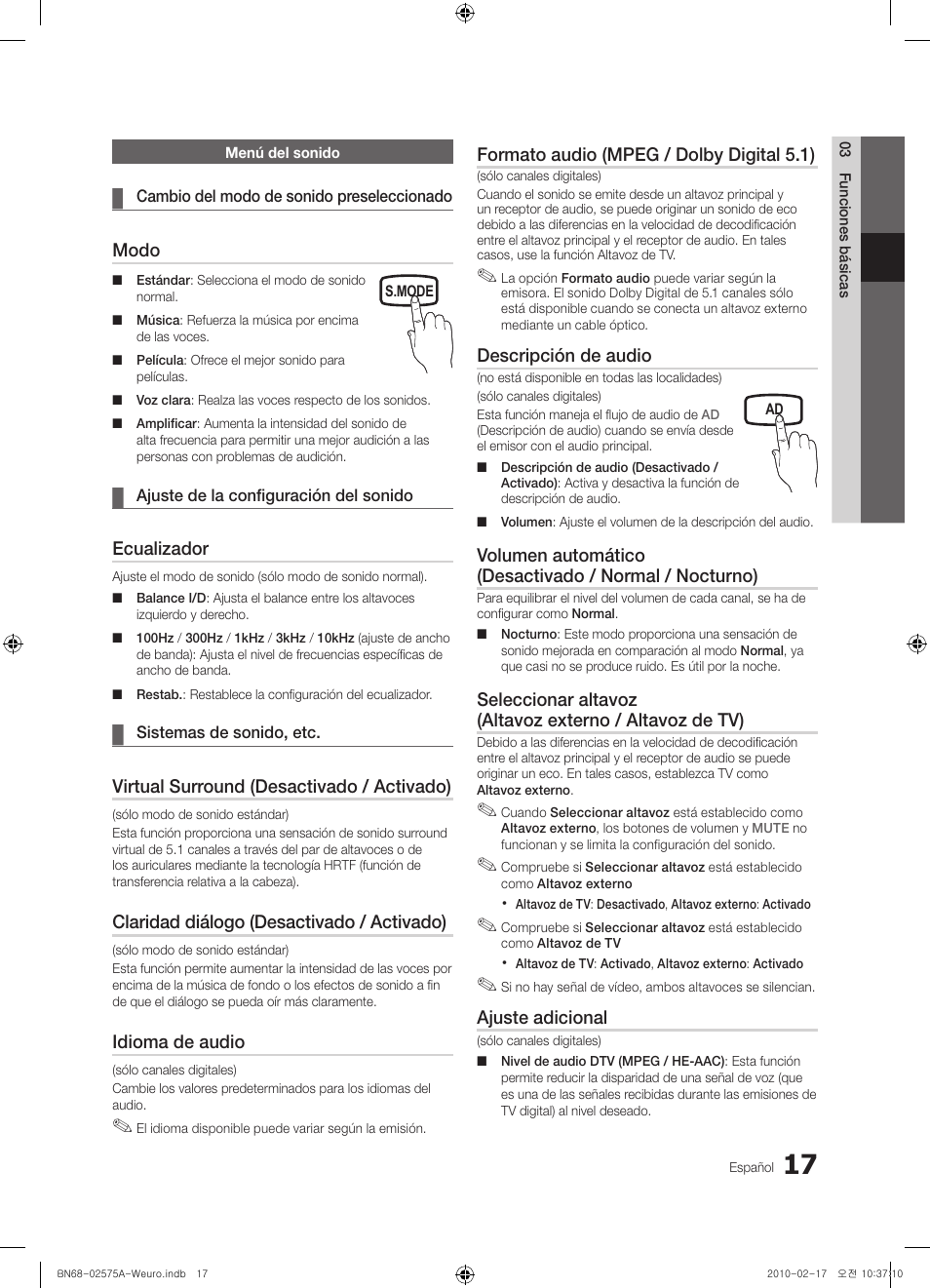Modo, Ecualizador, Virtual surround (desactivado / activado) | Claridad diálogo (desactivado / activado), Idioma de audio, Formato audio (mpeg / dolby digital 5.1), Descripción de audio, Ajuste adicional | Samsung PS50C450B1W User Manual | Page 217 / 361