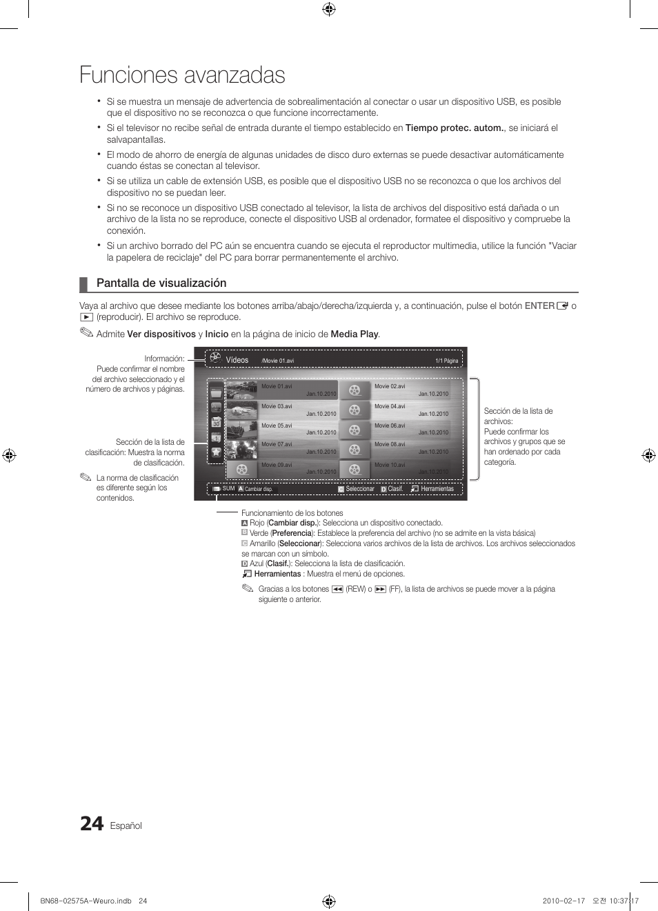 Funciones avanzadas, Pantalla de visualización | Samsung PS50C450B1W User Manual | Page 224 / 361
