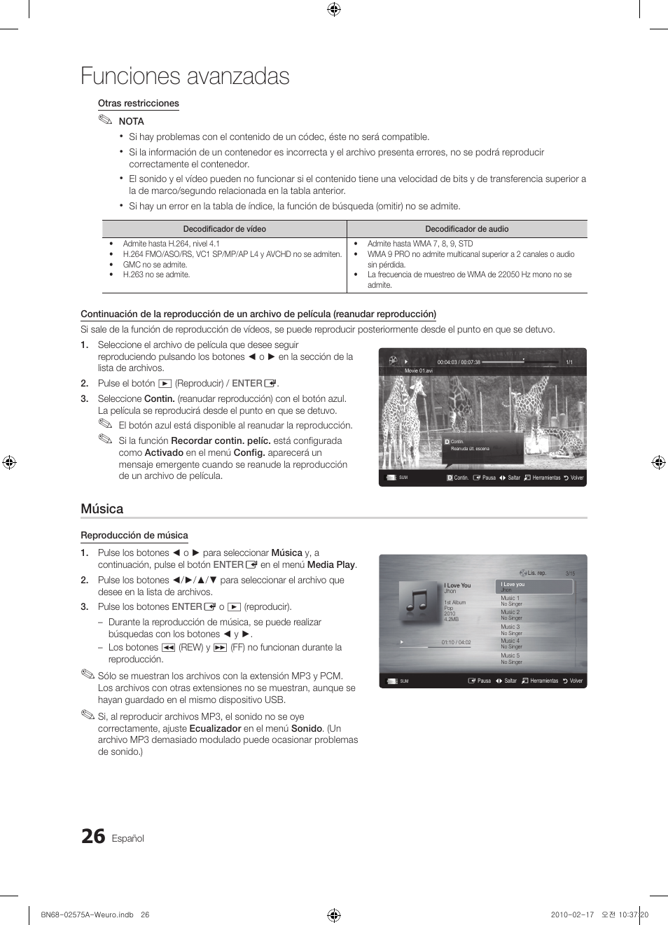 Funciones avanzadas, Música | Samsung PS50C450B1W User Manual | Page 226 / 361