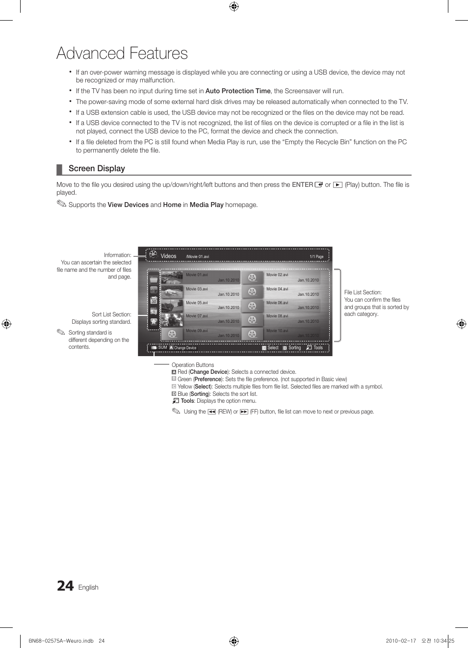 Advanced features, Screen display | Samsung PS50C450B1W User Manual | Page 24 / 361