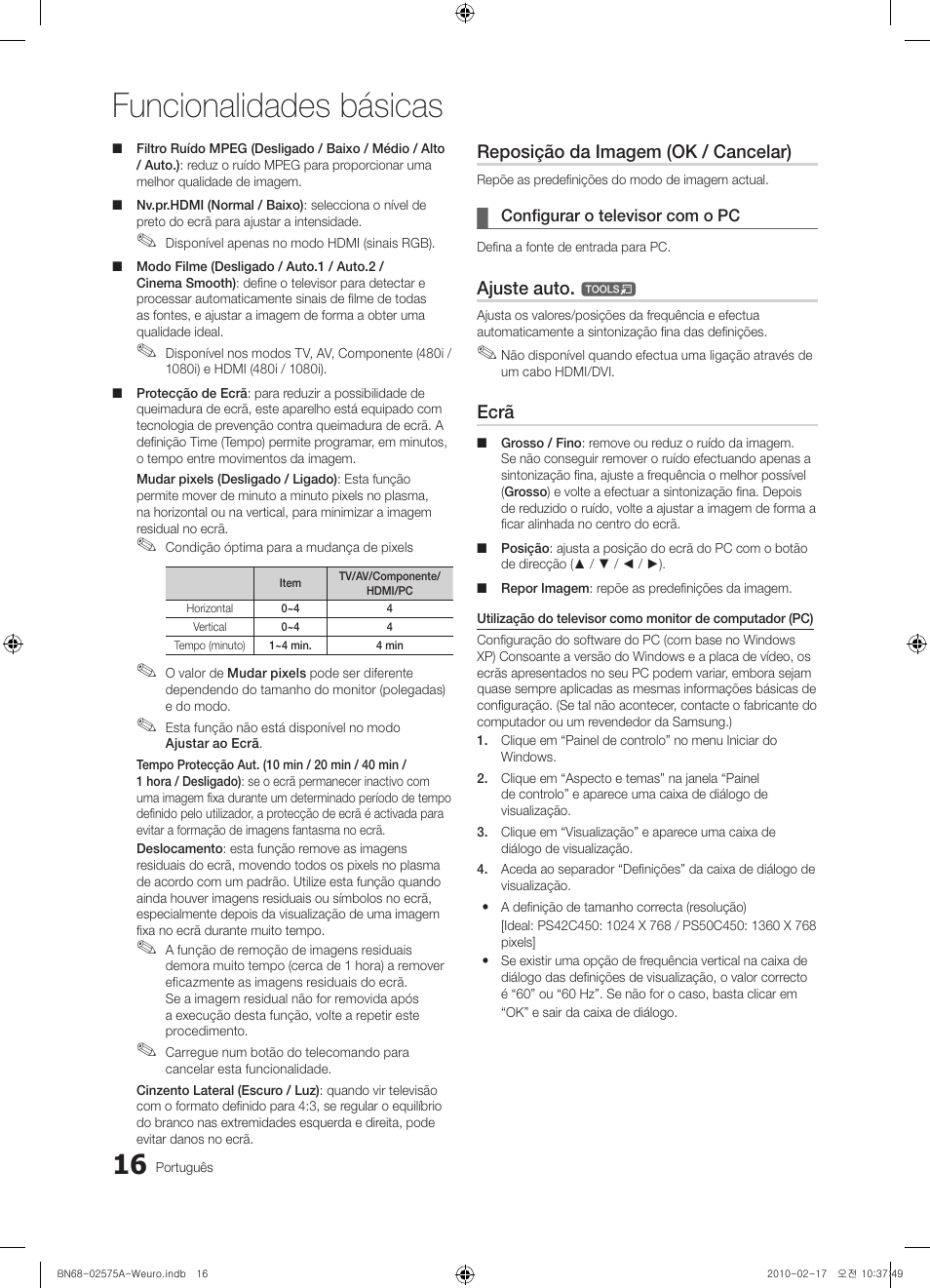 Funcionalidades básicas, Reposição da imagem (ok / cancelar), Ajuste auto | Ecrã | Samsung PS50C450B1W User Manual | Page 256 / 361