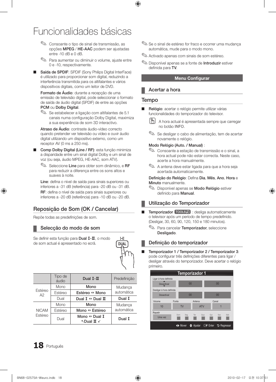Funcionalidades básicas, Reposição de som (ok / cancelar), Tempo | Samsung PS50C450B1W User Manual | Page 258 / 361