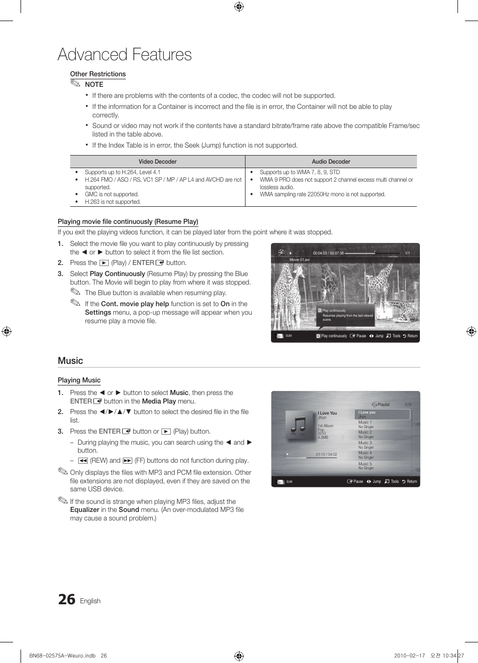 Advanced features, Music | Samsung PS50C450B1W User Manual | Page 26 / 361