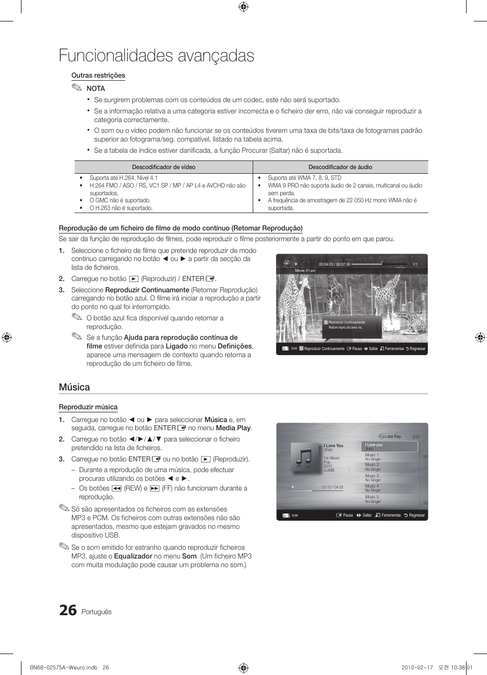 Funcionalidades avançadas, Música | Samsung PS50C450B1W User Manual | Page 266 / 361