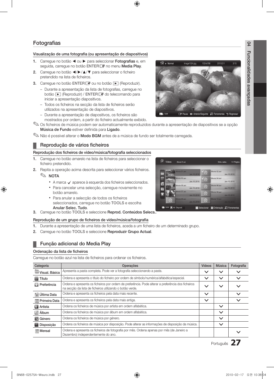 Fotografias, Reprodução de vários ficheiros, Função adicional do media play | Samsung PS50C450B1W User Manual | Page 267 / 361