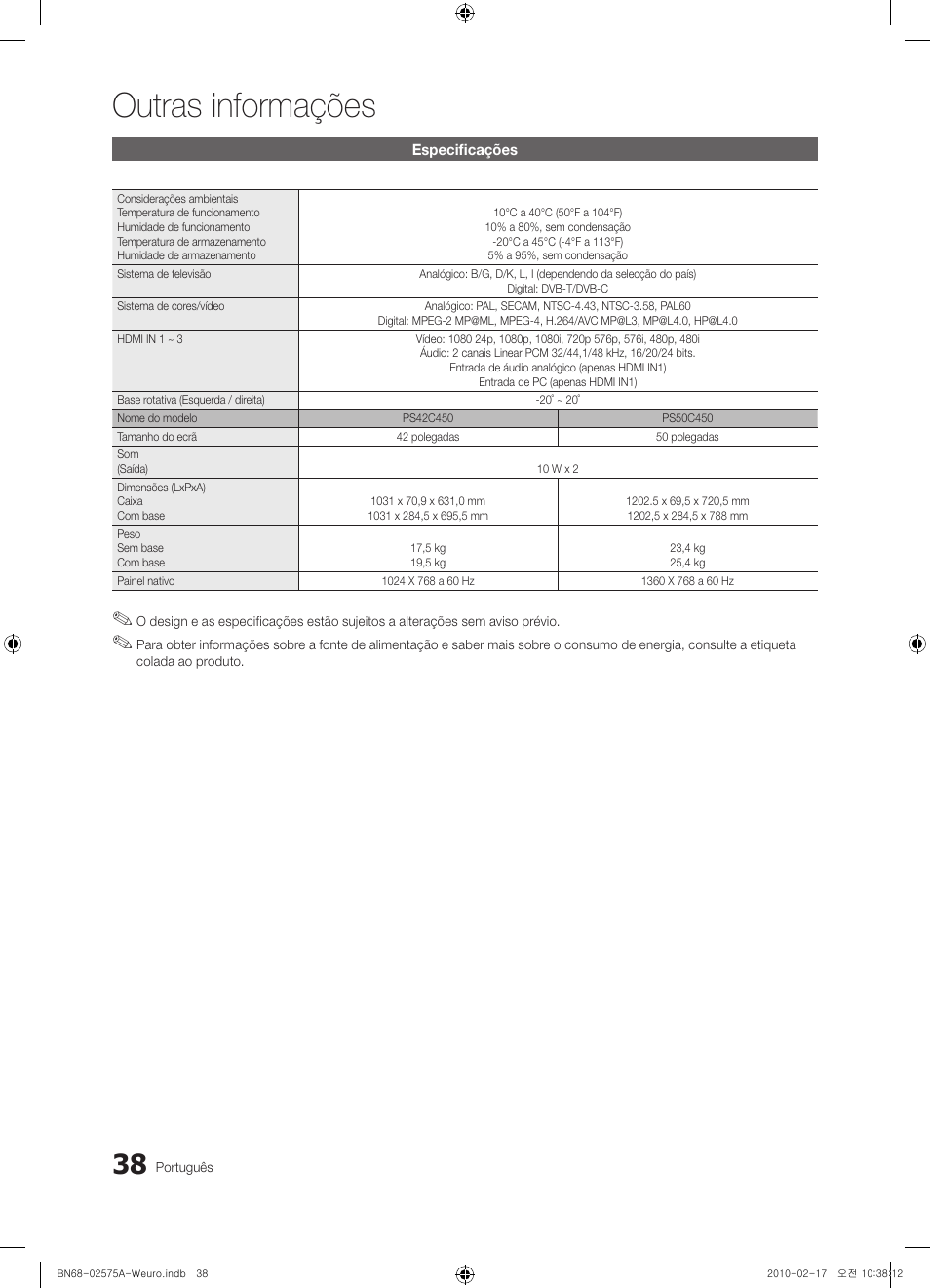 Outras informações | Samsung PS50C450B1W User Manual | Page 278 / 361