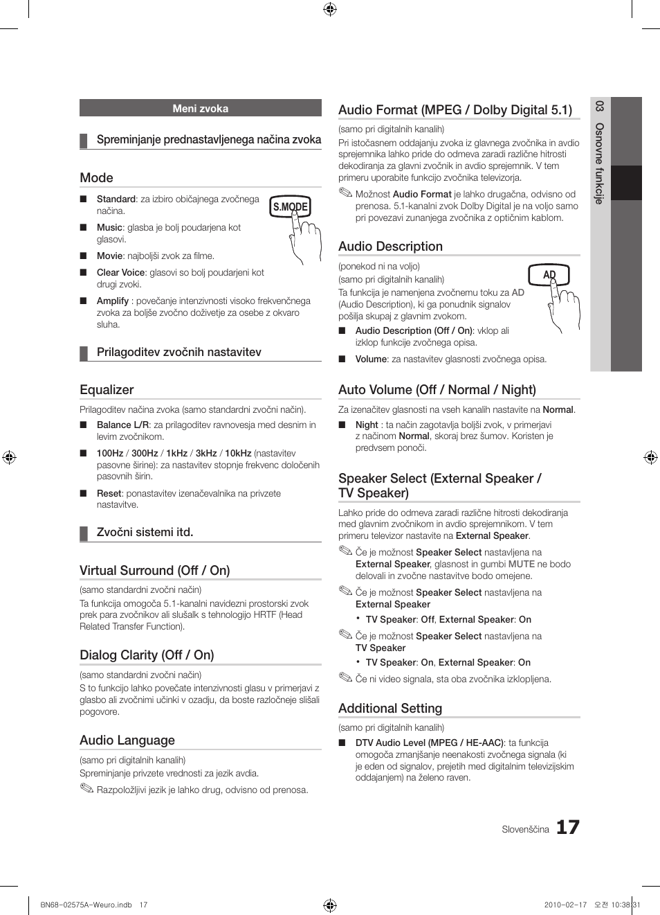 Mode, Equalizer, Virtual surround (off / on) | Dialog clarity (off / on), Audio language, Audio format (mpeg / dolby digital 5.1), Audio description, Auto volume (off / normal / night), Speaker select (external speaker / tv speaker), Additional setting | Samsung PS50C450B1W User Manual | Page 297 / 361