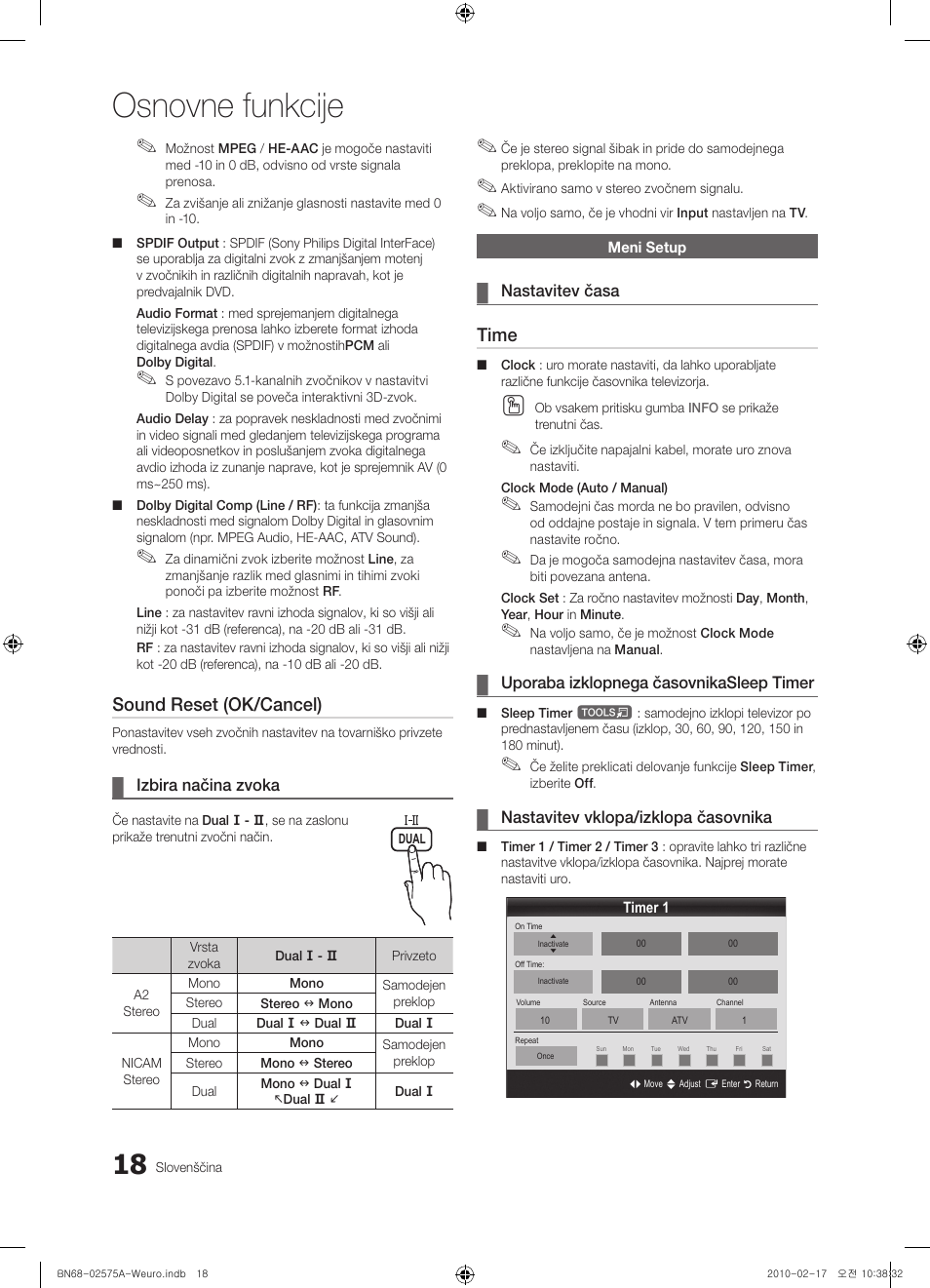 Osnovne funkcije, Sound reset (ok/cancel), Time | Samsung PS50C450B1W User Manual | Page 298 / 361