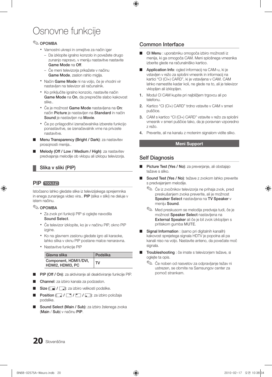 Osnovne funkcije, Common interface, Self diagnosis | Samsung PS50C450B1W User Manual | Page 300 / 361