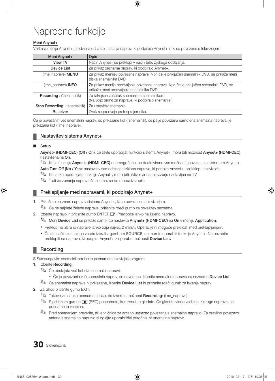 Napredne funkcije | Samsung PS50C450B1W User Manual | Page 310 / 361