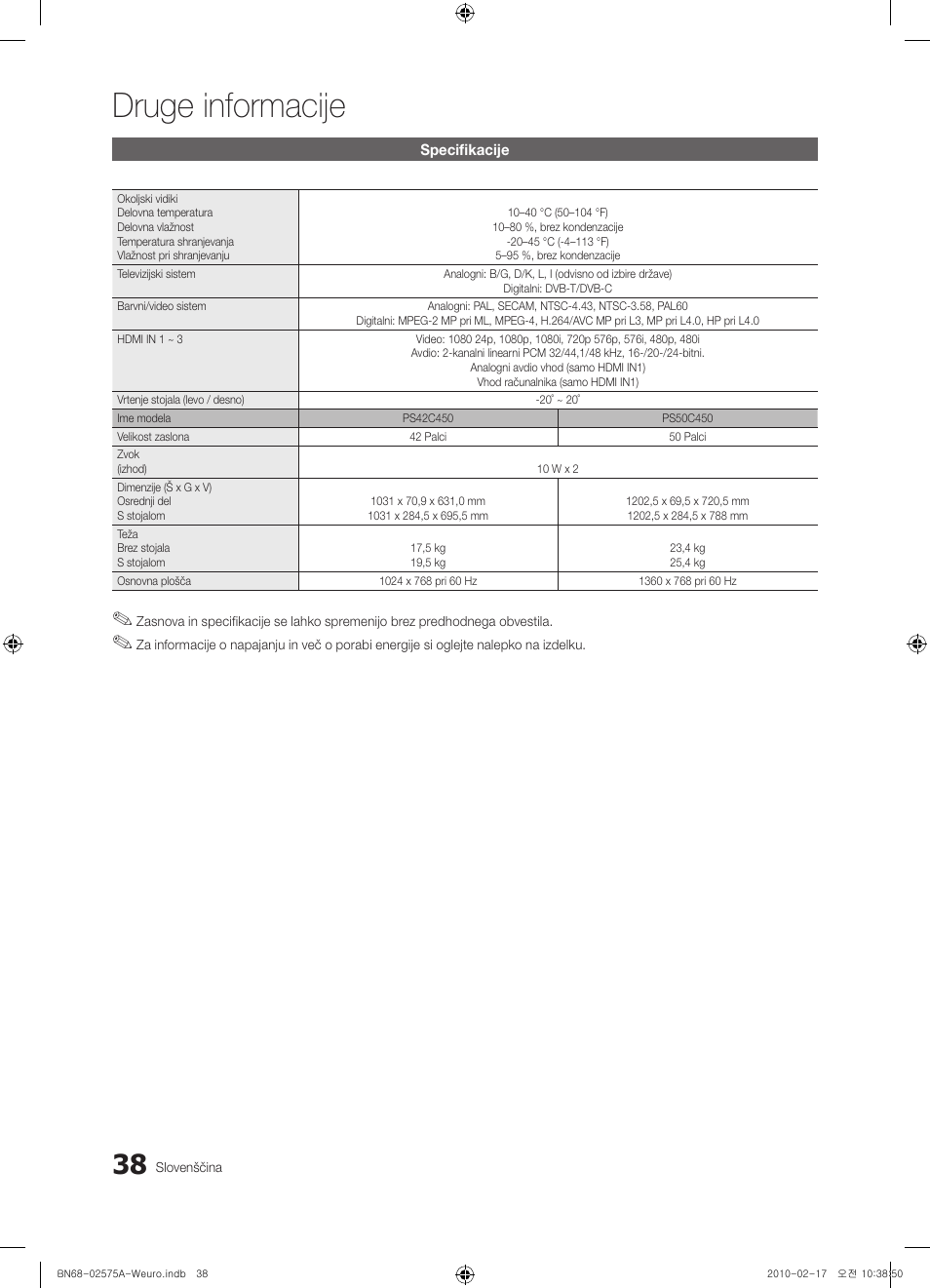 Druge informacije | Samsung PS50C450B1W User Manual | Page 318 / 361