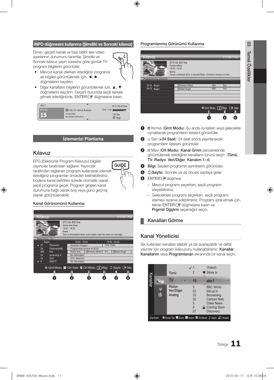 Kılavuz, Kanal yöneticisi, Kanalları görme | Guide, Izlemenizi planlama, Kanallar | Samsung PS50C450B1W User Manual | Page 331 / 361