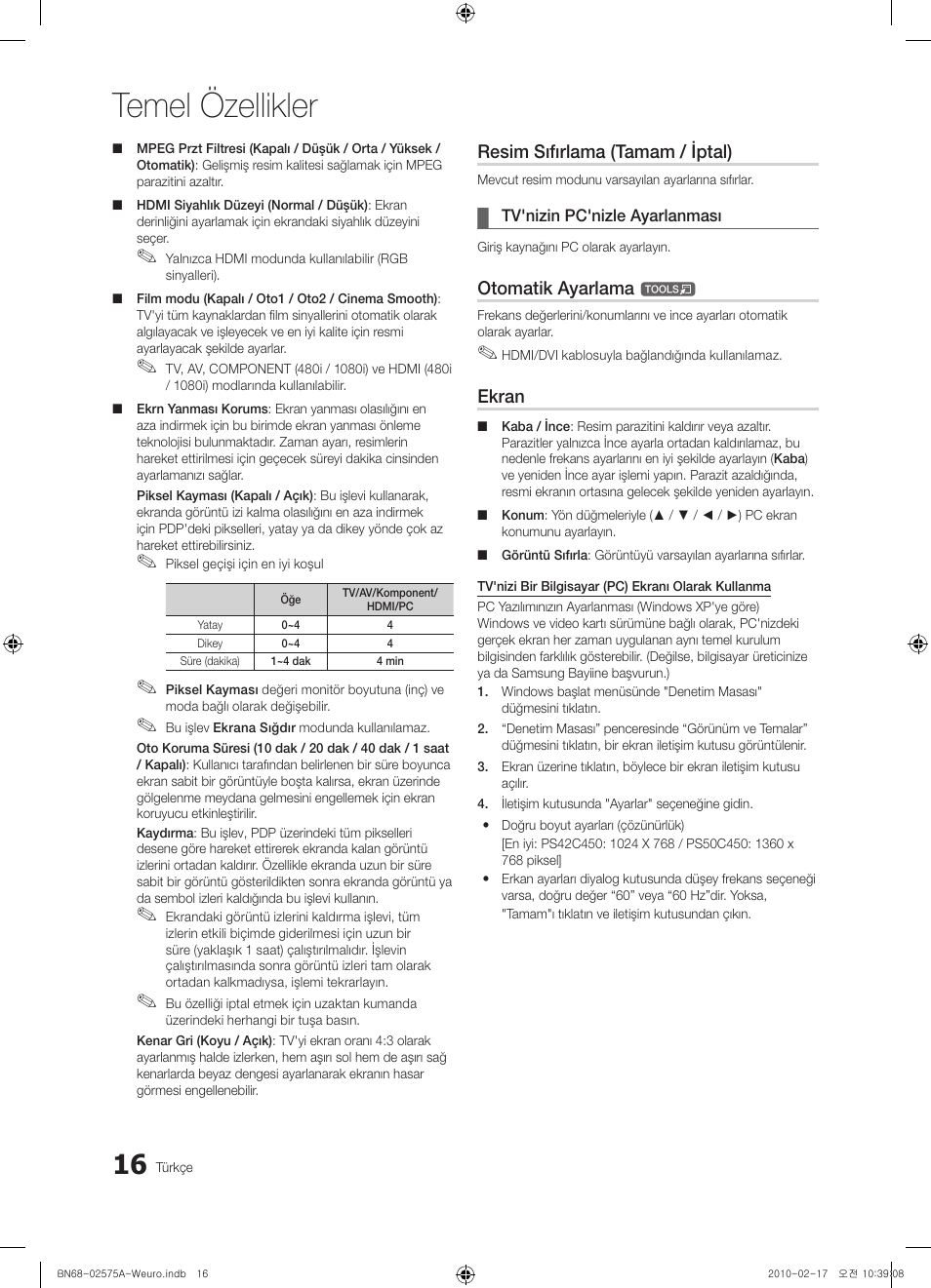 Temel özellikler, Resim sıfırlama (tamam / iptal), Otomatik ayarlama | Ekran | Samsung PS50C450B1W User Manual | Page 336 / 361