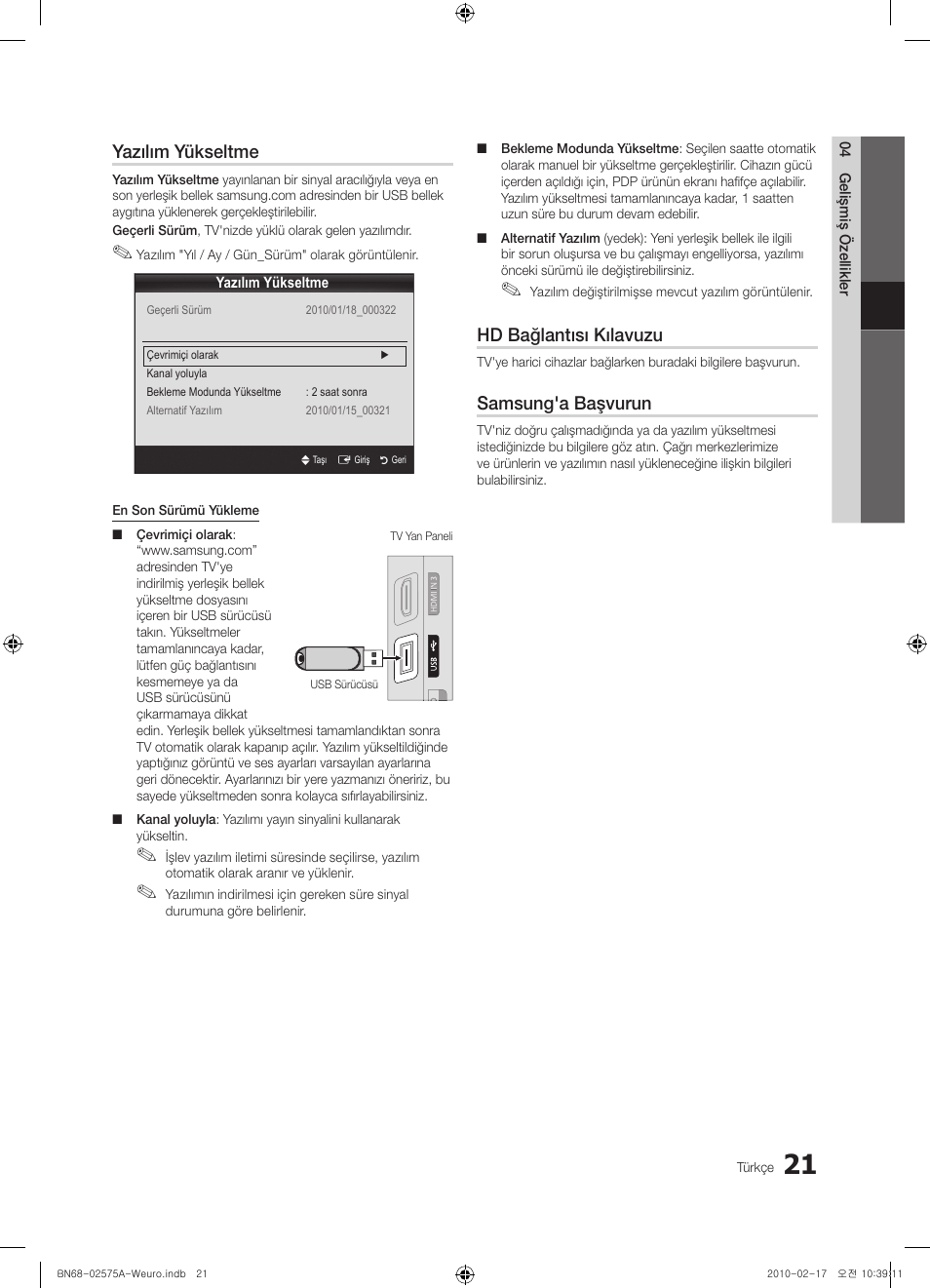 Yazılım yükseltme, Hd bağlantısı kılavuzu, Samsung'a başvurun | Samsung PS50C450B1W User Manual | Page 341 / 361