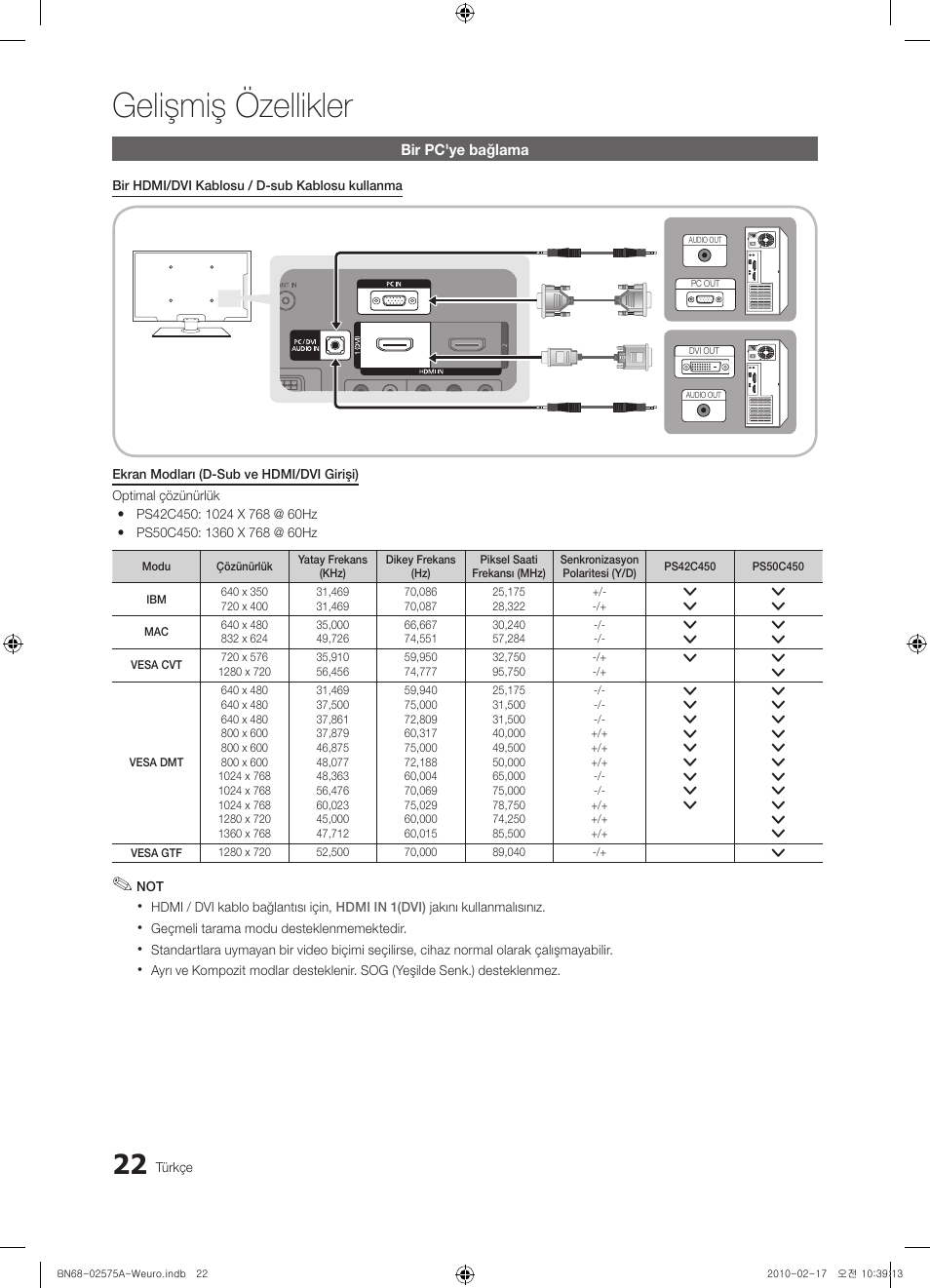 Gelişmiş özellikler | Samsung PS50C450B1W User Manual | Page 342 / 361