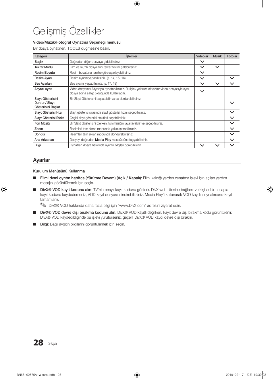 Gelişmiş özellikler, Ayarlar | Samsung PS50C450B1W User Manual | Page 348 / 361
