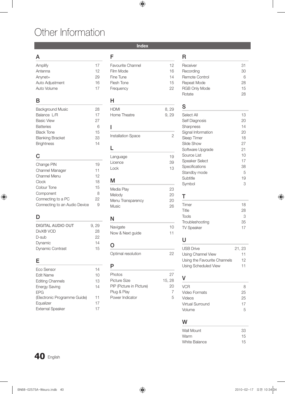 Other information | Samsung PS50C450B1W User Manual | Page 40 / 361