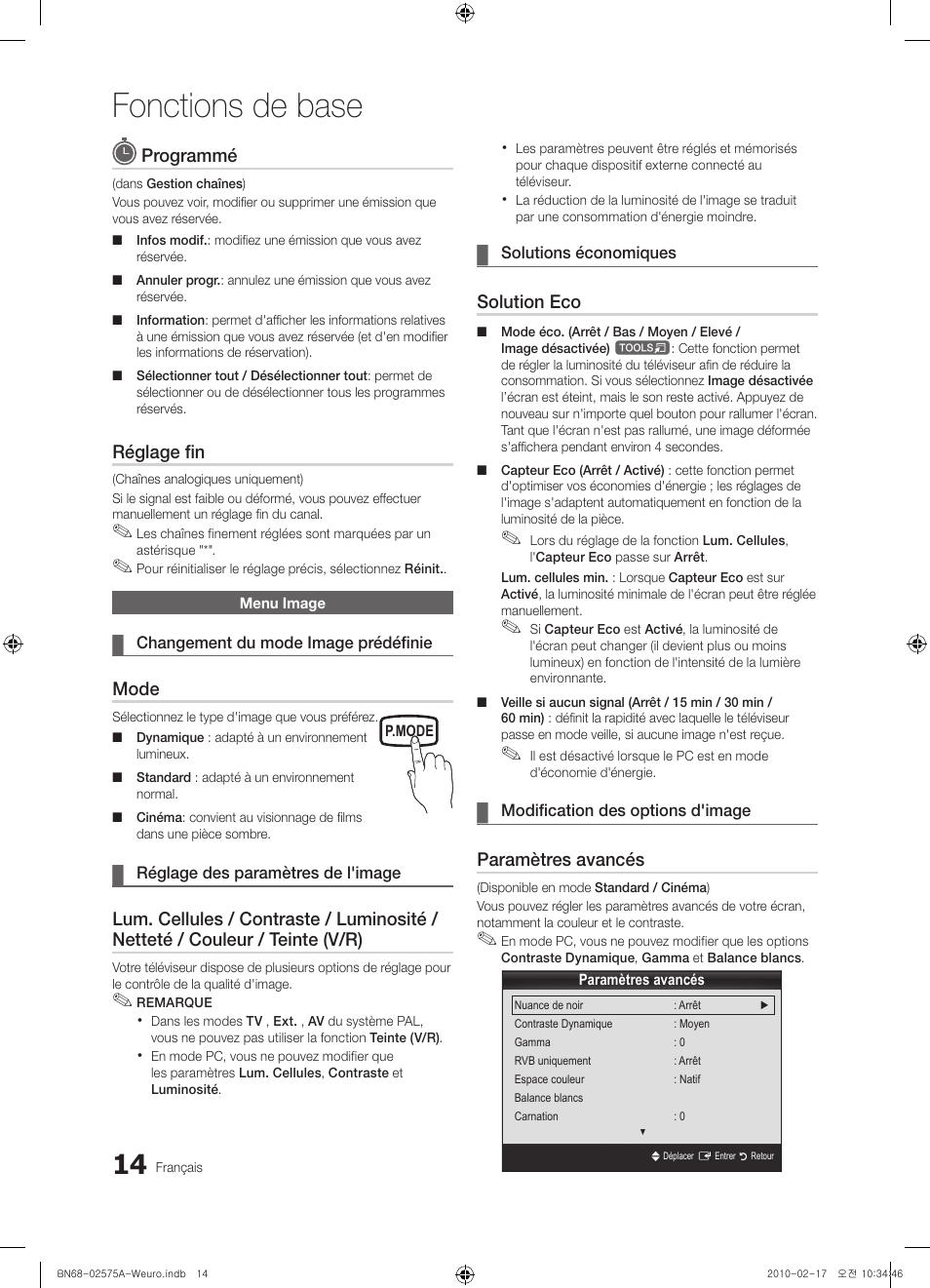 Fonctions de base, Programmé, Réglage fin | Mode, Solution eco, Paramètres avancés | Samsung PS50C450B1W User Manual | Page 54 / 361