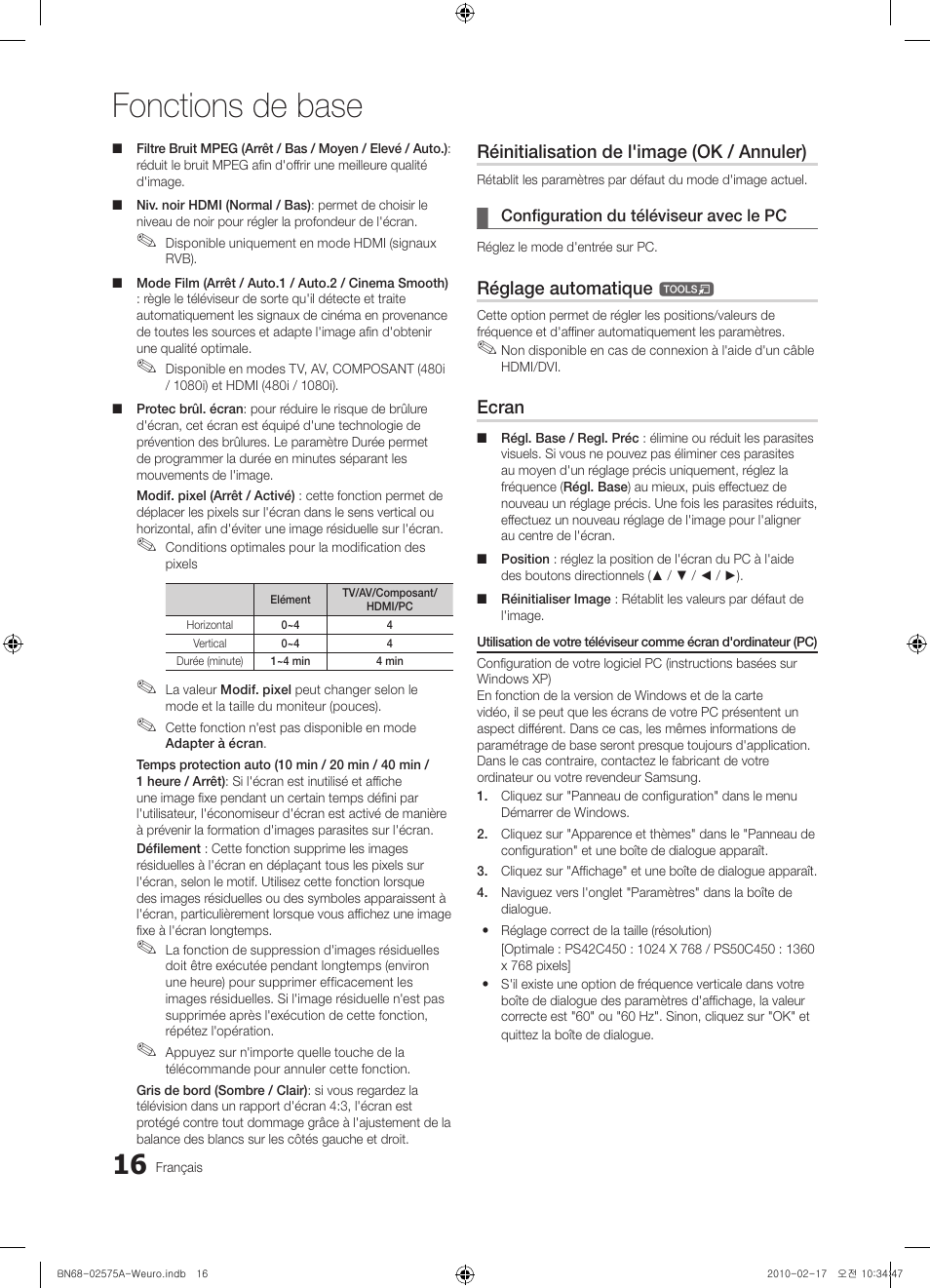 Fonctions de base, Réinitialisation de l'image (ok / annuler), Réglage automatique | Ecran | Samsung PS50C450B1W User Manual | Page 56 / 361