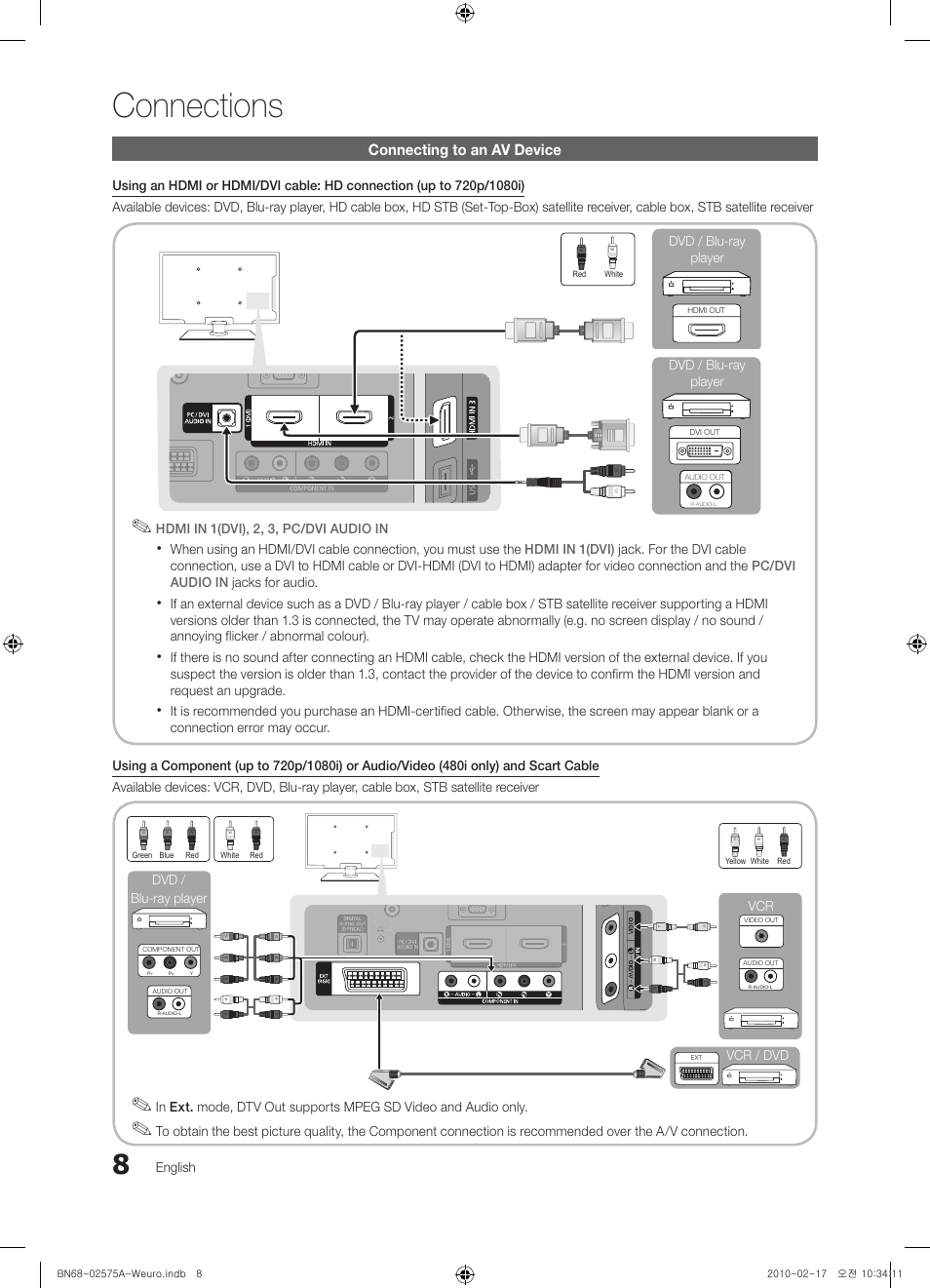 Connections, Connecting to an av device | Samsung PS50C450B1W User Manual | Page 8 / 361