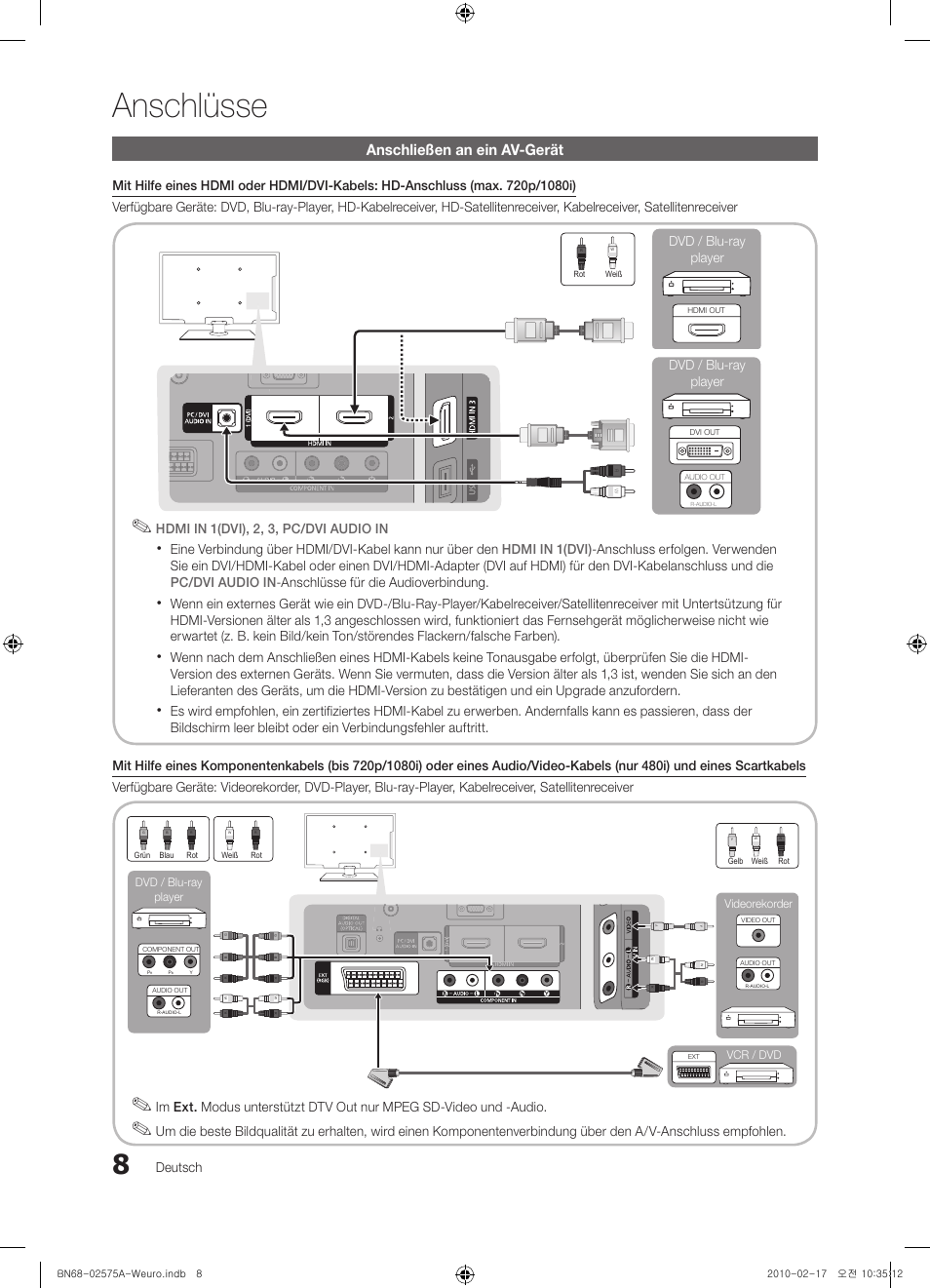 Anschlüsse, Anschließen an ein av-gerät | Samsung PS50C450B1W User Manual | Page 88 / 361