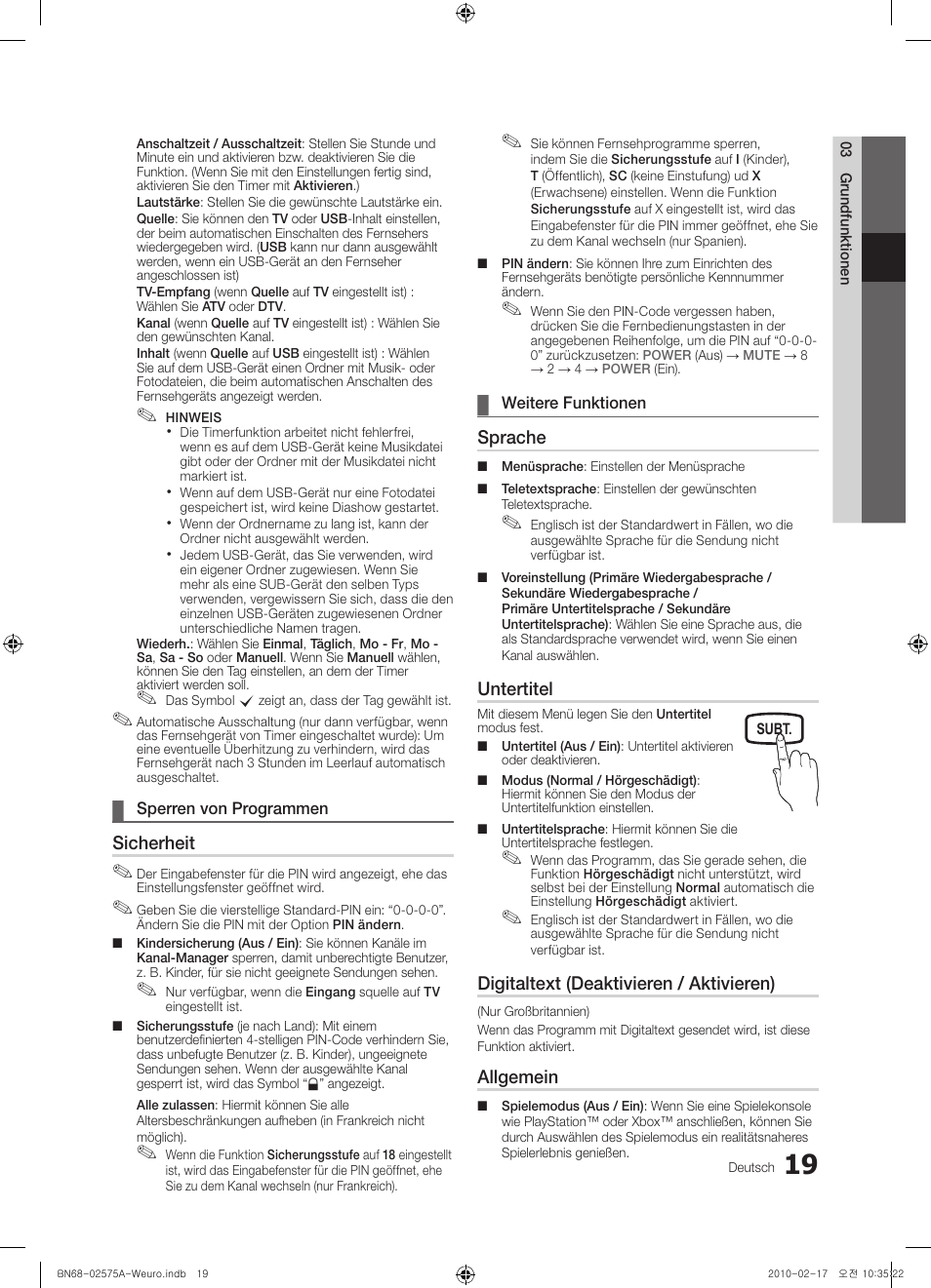 Sicherheit, Sprache, Untertitel | Digitaltext (deaktivieren / aktivieren), Allgemein | Samsung PS50C450B1W User Manual | Page 99 / 361