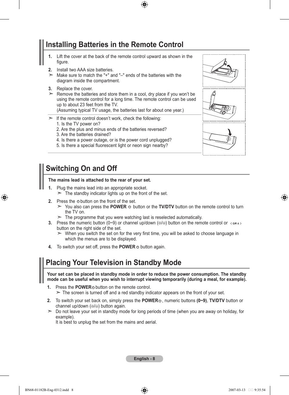 Installing batteries in the remote control, Switching on and off, Placing your television in standby mode | Samsung LE40S86BD User Manual | Page 10 / 466