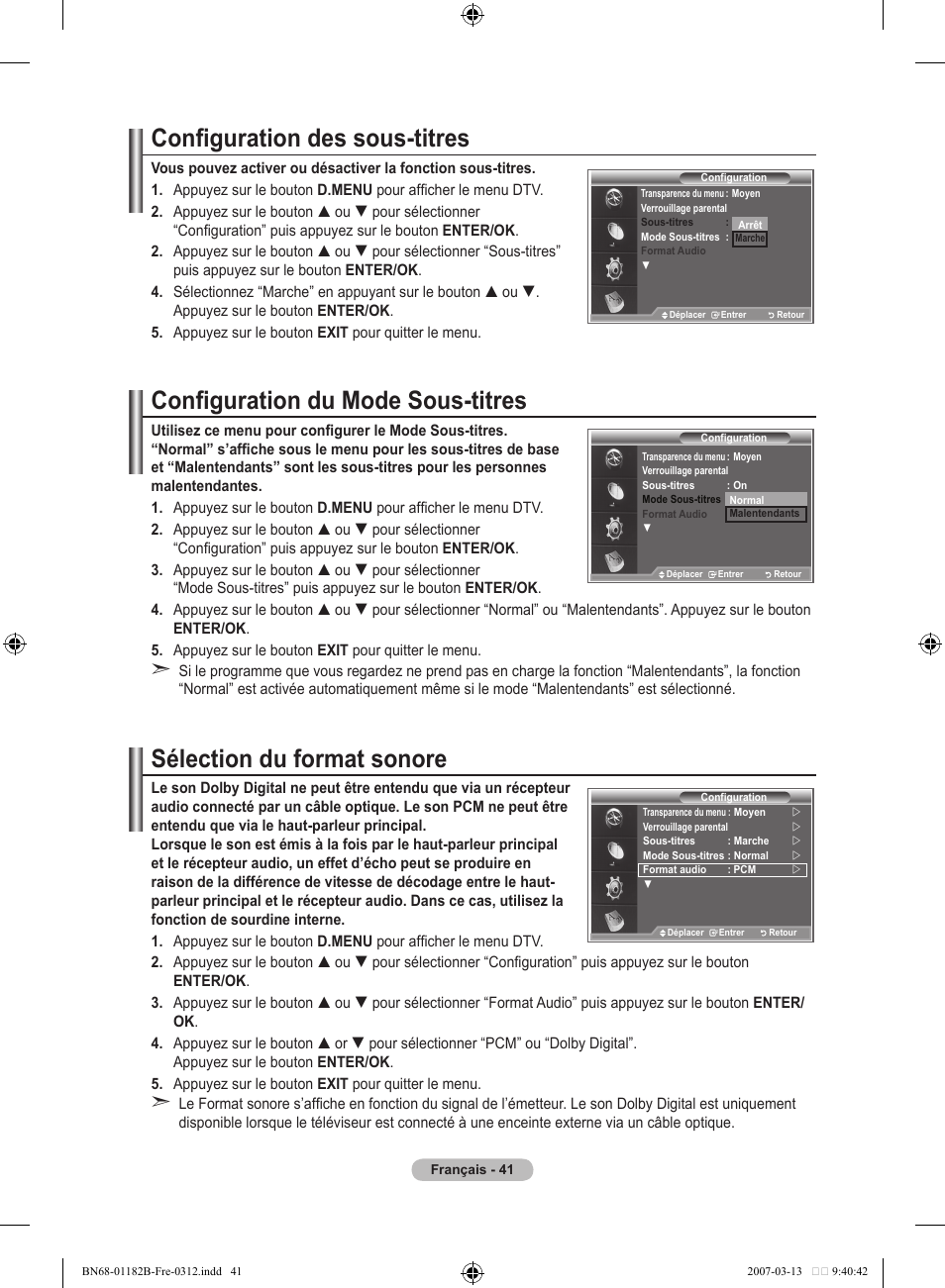 Configuration des sous-titres, Configuration du mode sous-titres, Sélection du format sonore | Samsung LE40S86BD User Manual | Page 101 / 466