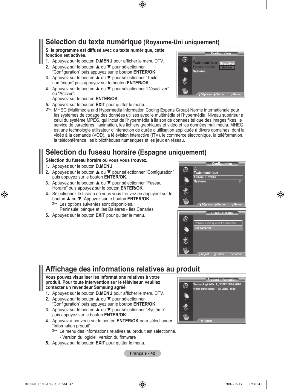 Sélection du texte numérique, Sélection du fuseau horaire, Affichage des informations relatives au produit | Espagne uniquement), Royaume-uni uniquement) | Samsung LE40S86BD User Manual | Page 102 / 466