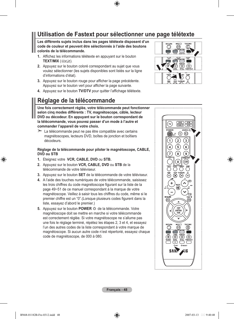 Réglage de la télécommande | Samsung LE40S86BD User Manual | Page 108 / 466