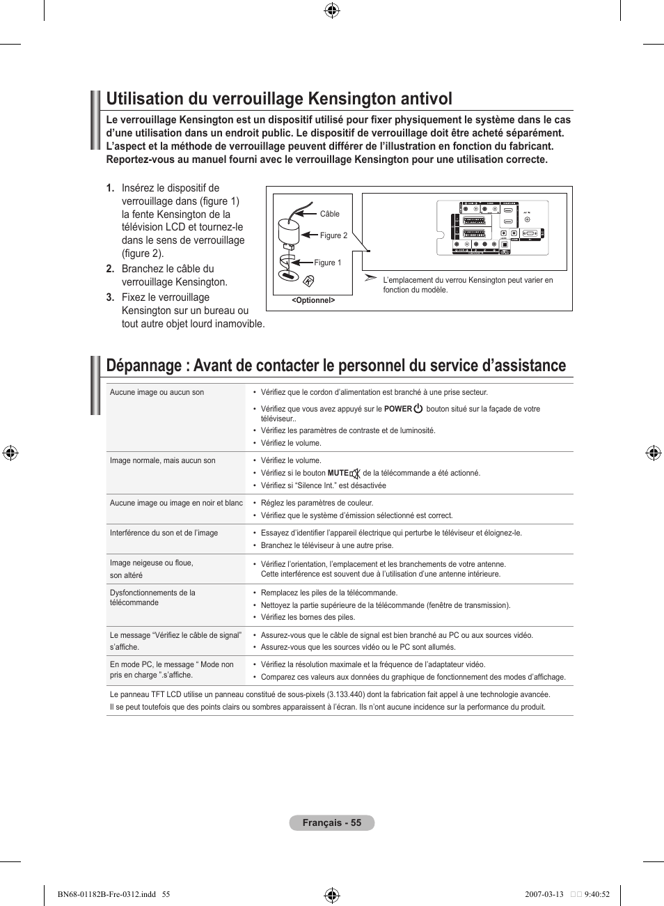 Utilisation du verrouillage kensington antivol | Samsung LE40S86BD User Manual | Page 115 / 466