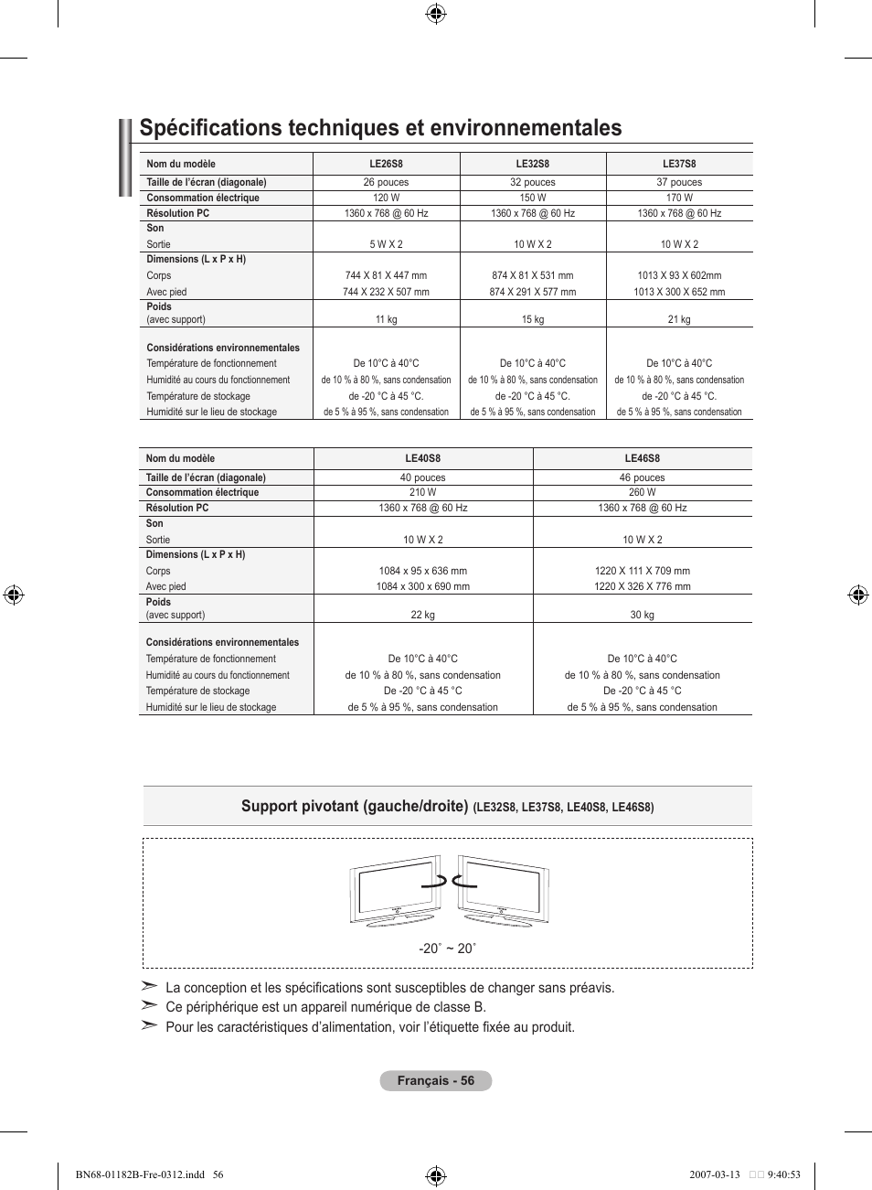 Spécifications techniques et environnementales, Support pivotant (gauche/droite) | Samsung LE40S86BD User Manual | Page 116 / 466