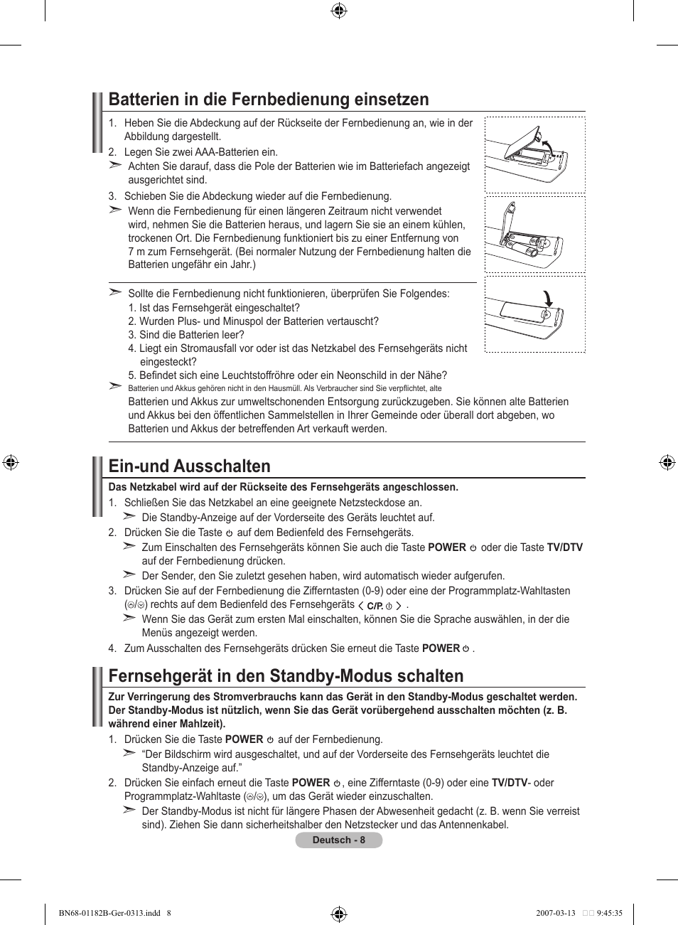 Batterien in die fernbedienung einsetzen, Ein-und ausschalten, Fernsehgerät in den standby-modus schalten | Samsung LE40S86BD User Manual | Page 126 / 466