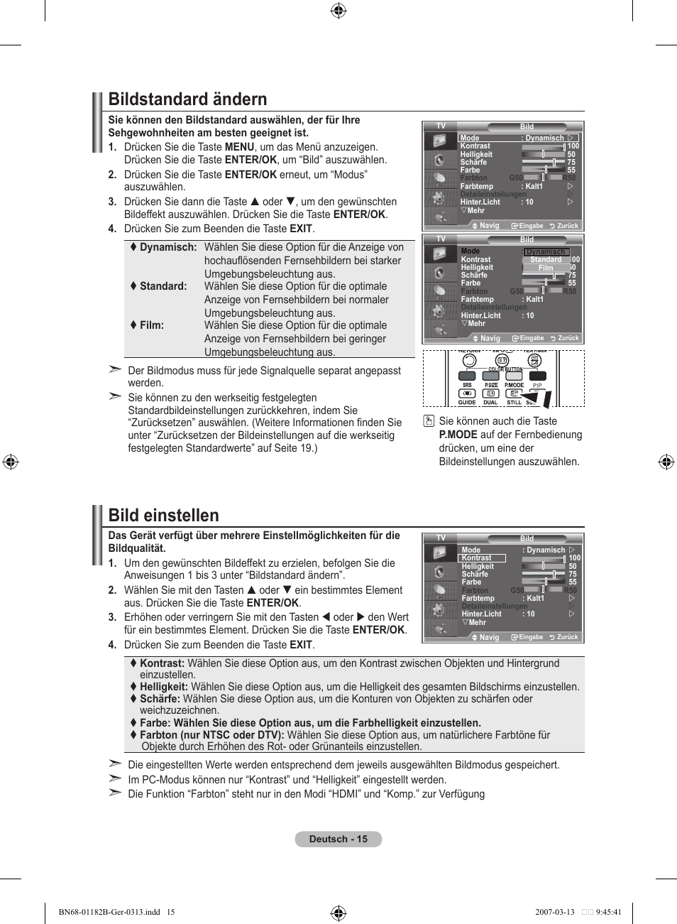 Bildstandard ändern, Bild einstellen | Samsung LE40S86BD User Manual | Page 133 / 466