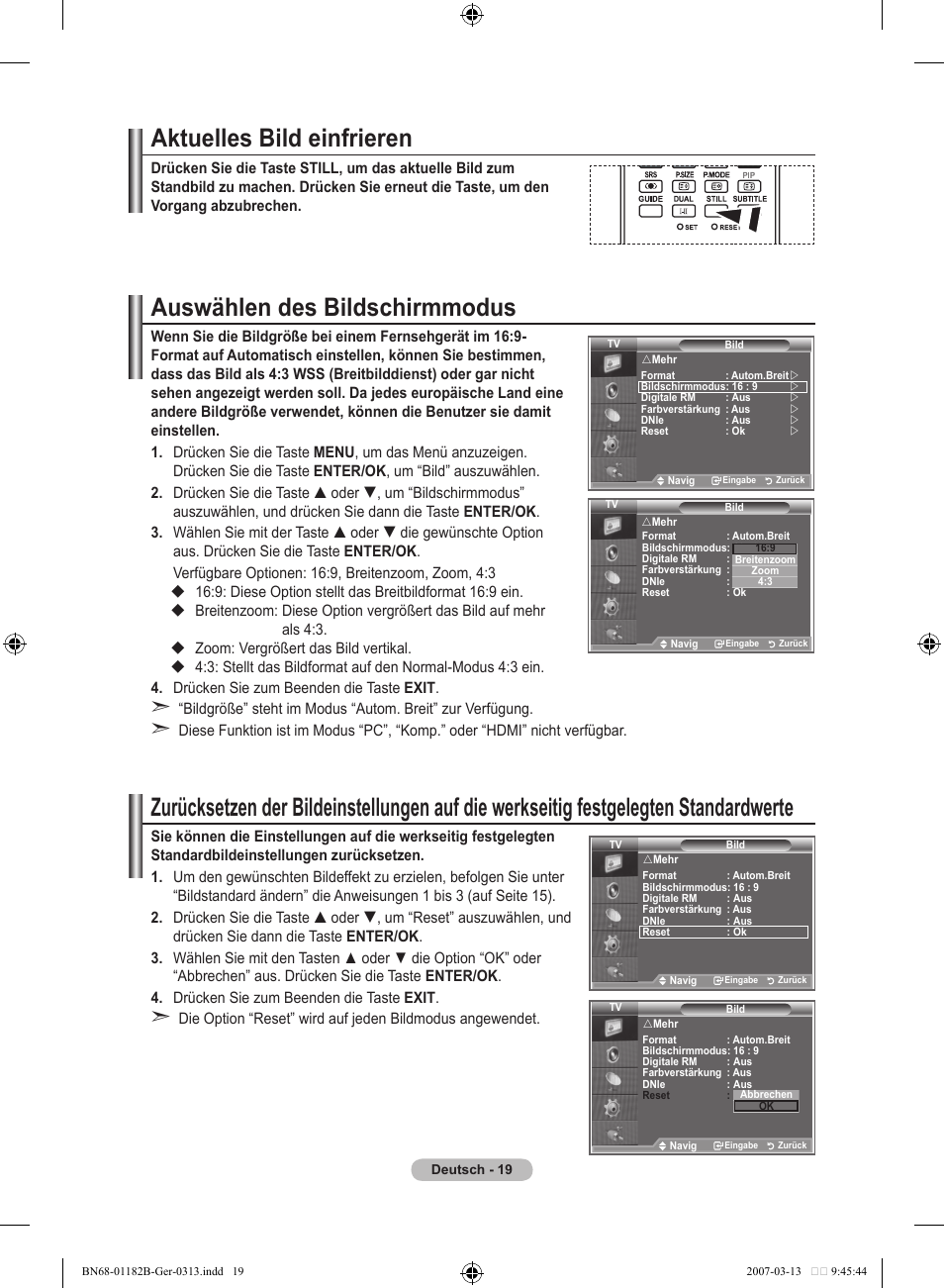 Aktuelles bild einfrieren, Auswählen des bildschirmmodus | Samsung LE40S86BD User Manual | Page 137 / 466