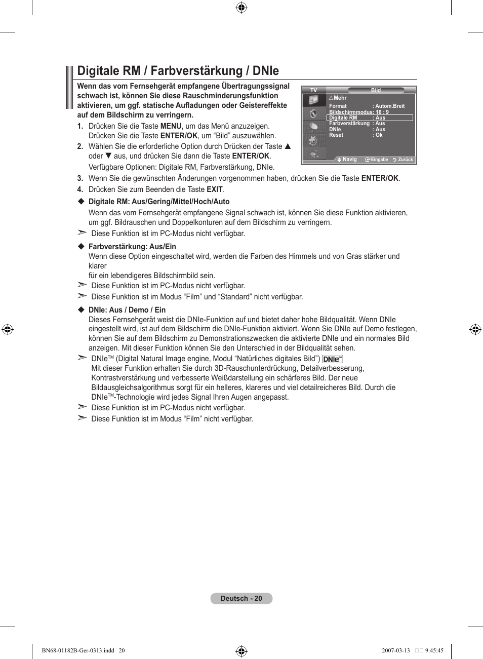 Digitale rm / farbverstärkung / dnie | Samsung LE40S86BD User Manual | Page 138 / 466