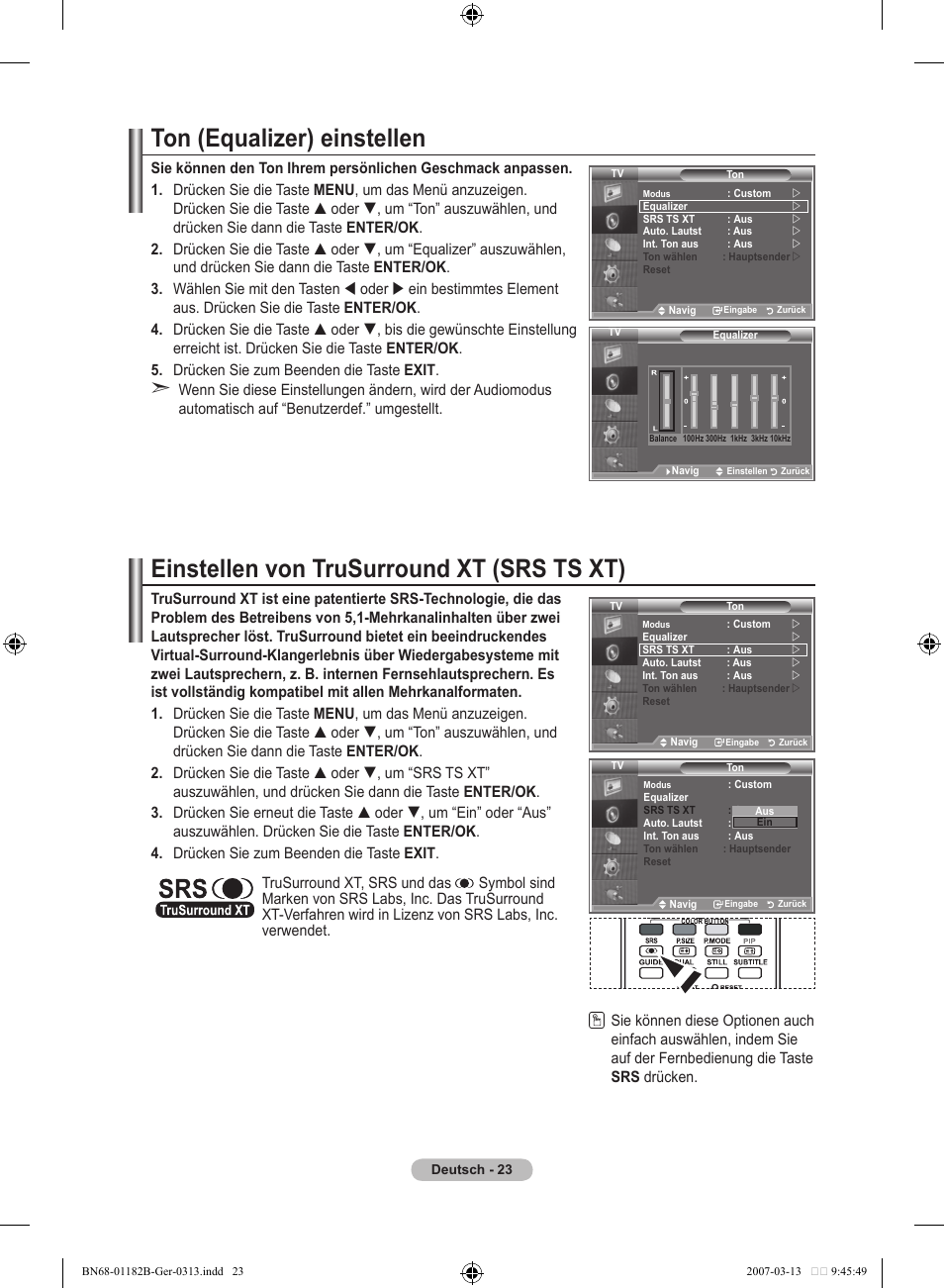 Ton (equalizer) einstellen, Einstellen von trusurround xt (srs ts xt) | Samsung LE40S86BD User Manual | Page 141 / 466