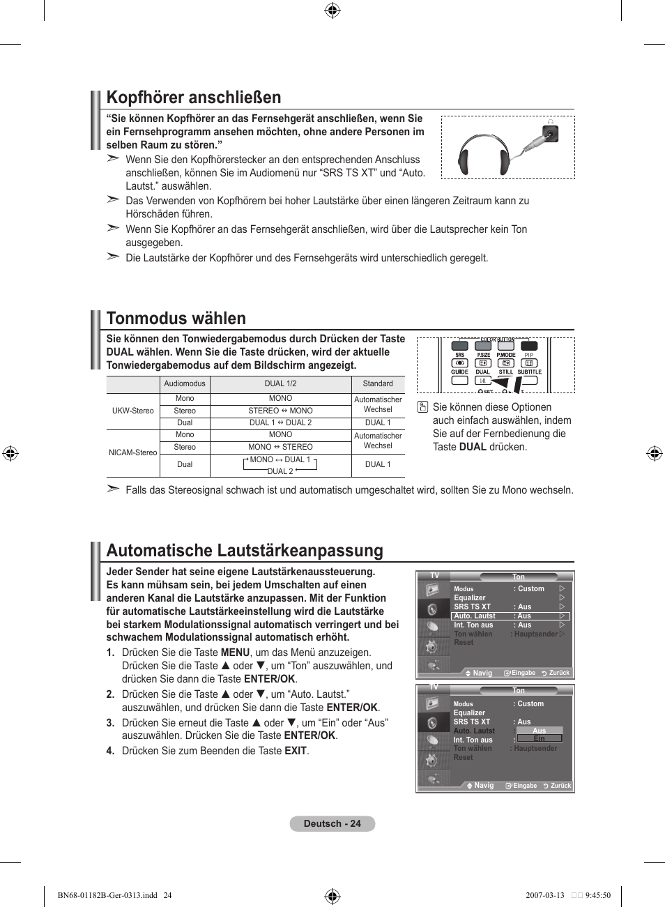 Kopfhörer anschließen, Tonmodus wählen, Automatische lautstärkeanpassung | Samsung LE40S86BD User Manual | Page 142 / 466