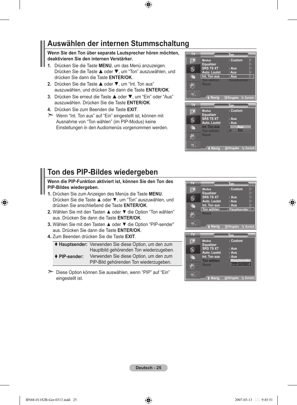 Auswählen der internen stummschaltung, Ton des pip-bildes wiedergeben | Samsung LE40S86BD User Manual | Page 143 / 466