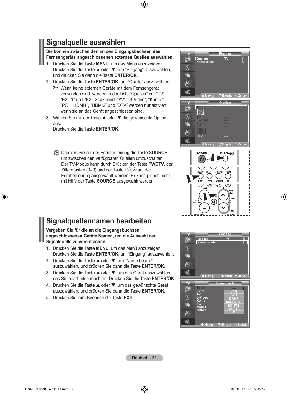 Signalquelle auswählen, Signalquellennamen bearbeiten | Samsung LE40S86BD User Manual | Page 149 / 466