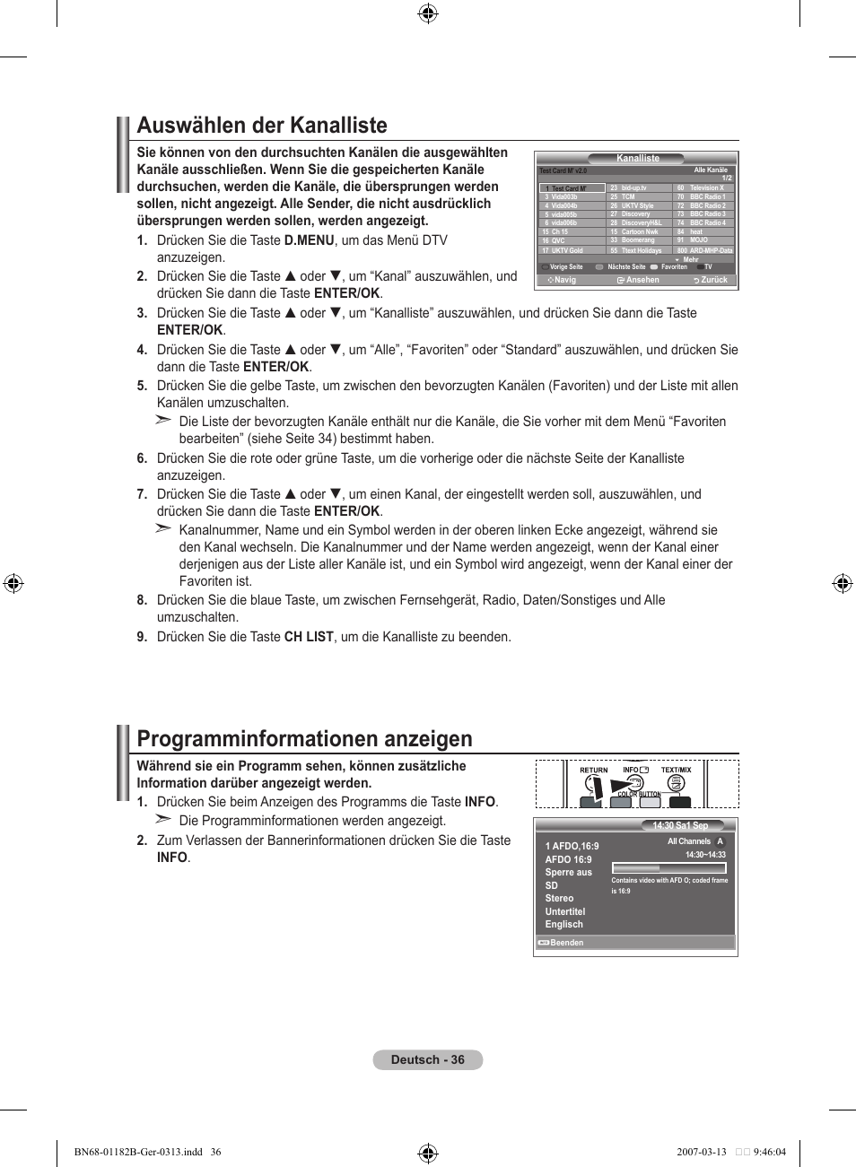 Auswählen der kanalliste, Programminformationen anzeigen | Samsung LE40S86BD User Manual | Page 154 / 466