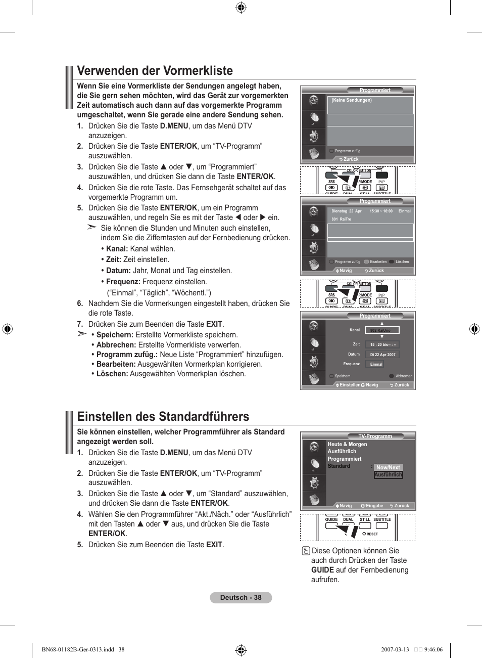 Verwenden der vormerkliste, Einstellen des standardführers | Samsung LE40S86BD User Manual | Page 156 / 466