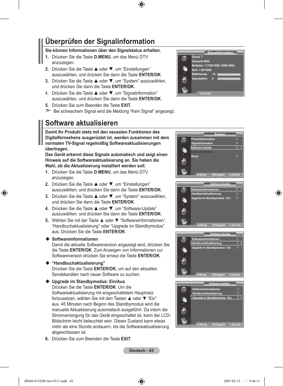Überprüfen der signalinformation, Software aktualisieren | Samsung LE40S86BD User Manual | Page 161 / 466