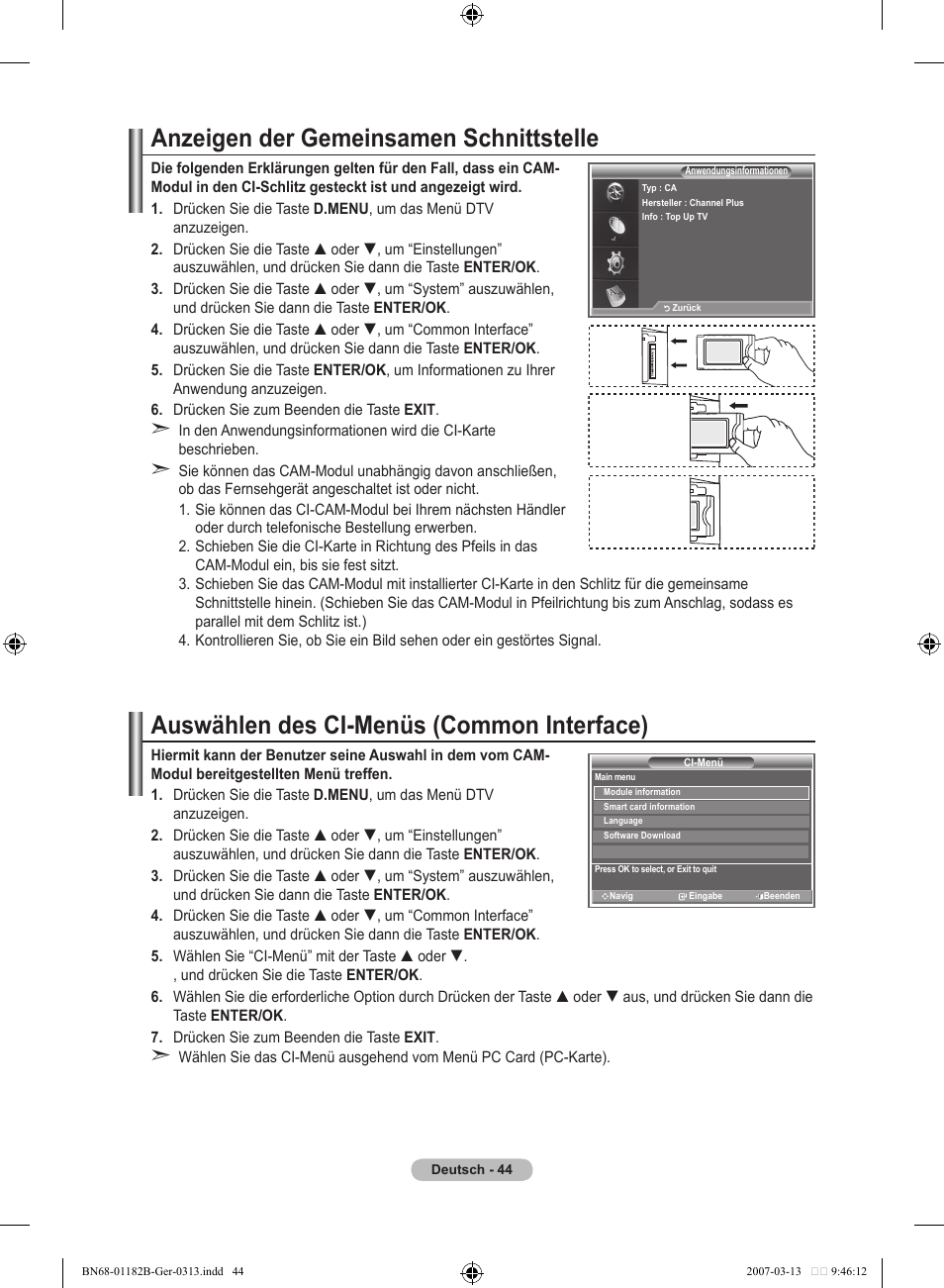 Anzeigen der gemeinsamen schnittstelle, Auswählen des ci-menüs (common interface) | Samsung LE40S86BD User Manual | Page 162 / 466