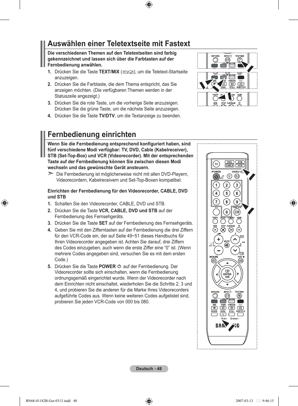 Auswählen einer teletextseite mit fastext, Fernbedienung einrichten | Samsung LE40S86BD User Manual | Page 166 / 466